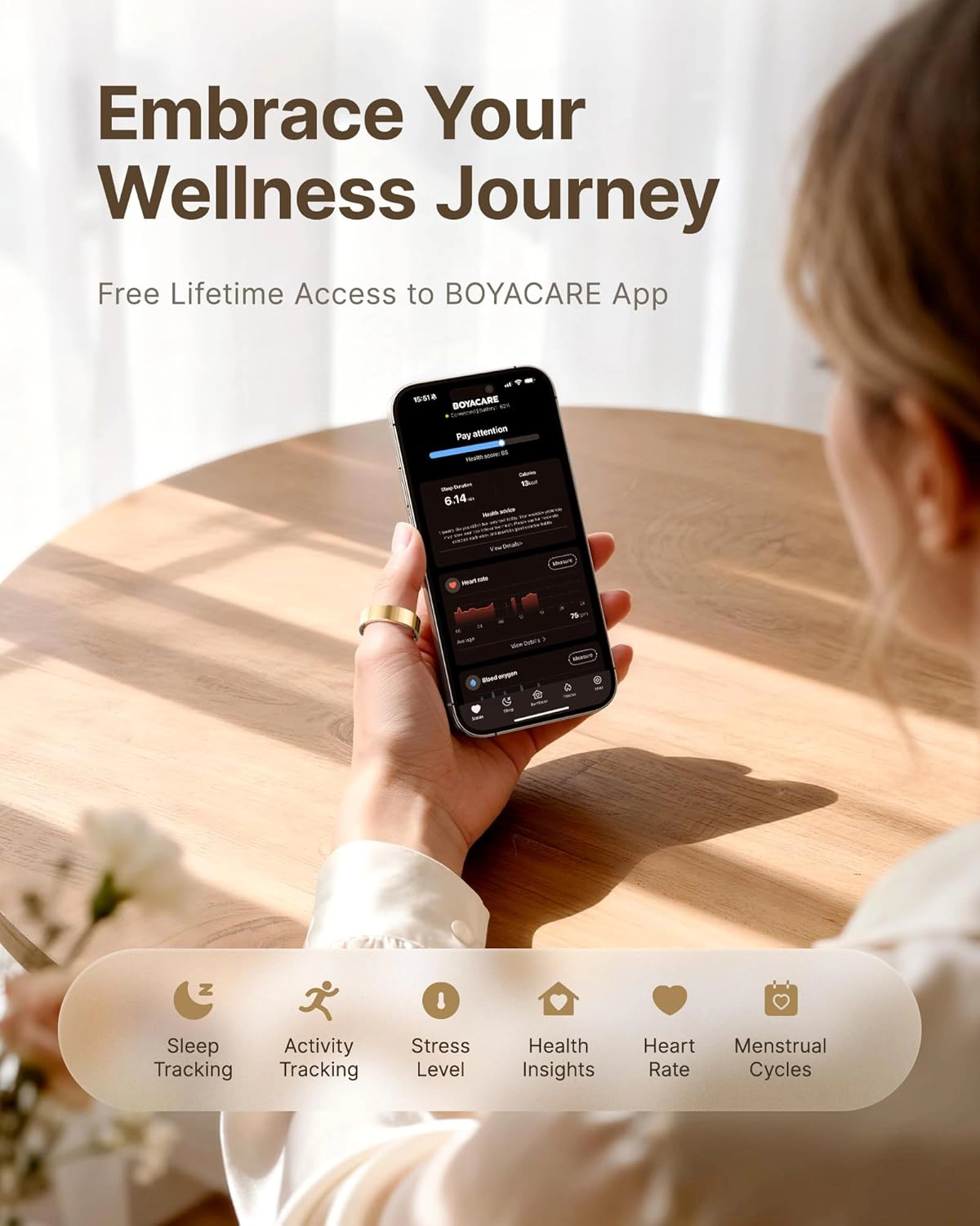 BOYACARE Smart Ring Health Tracker with Sleep Heart Rate Stress Fitness No Subscription