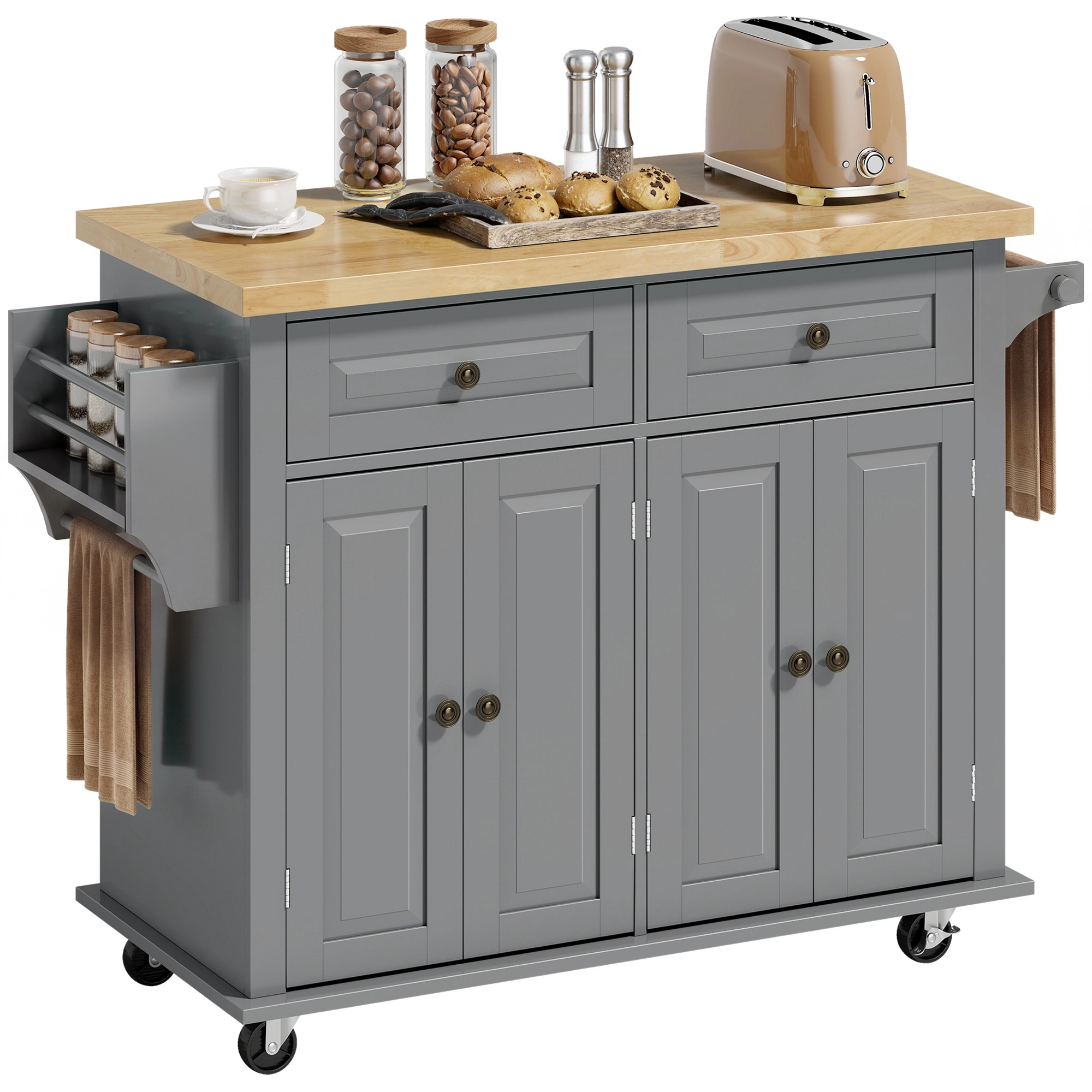 HONGGE 44" Mobile Kitchen Island Table Cart on Wheels with Storage Cabinets 2 Drawers
