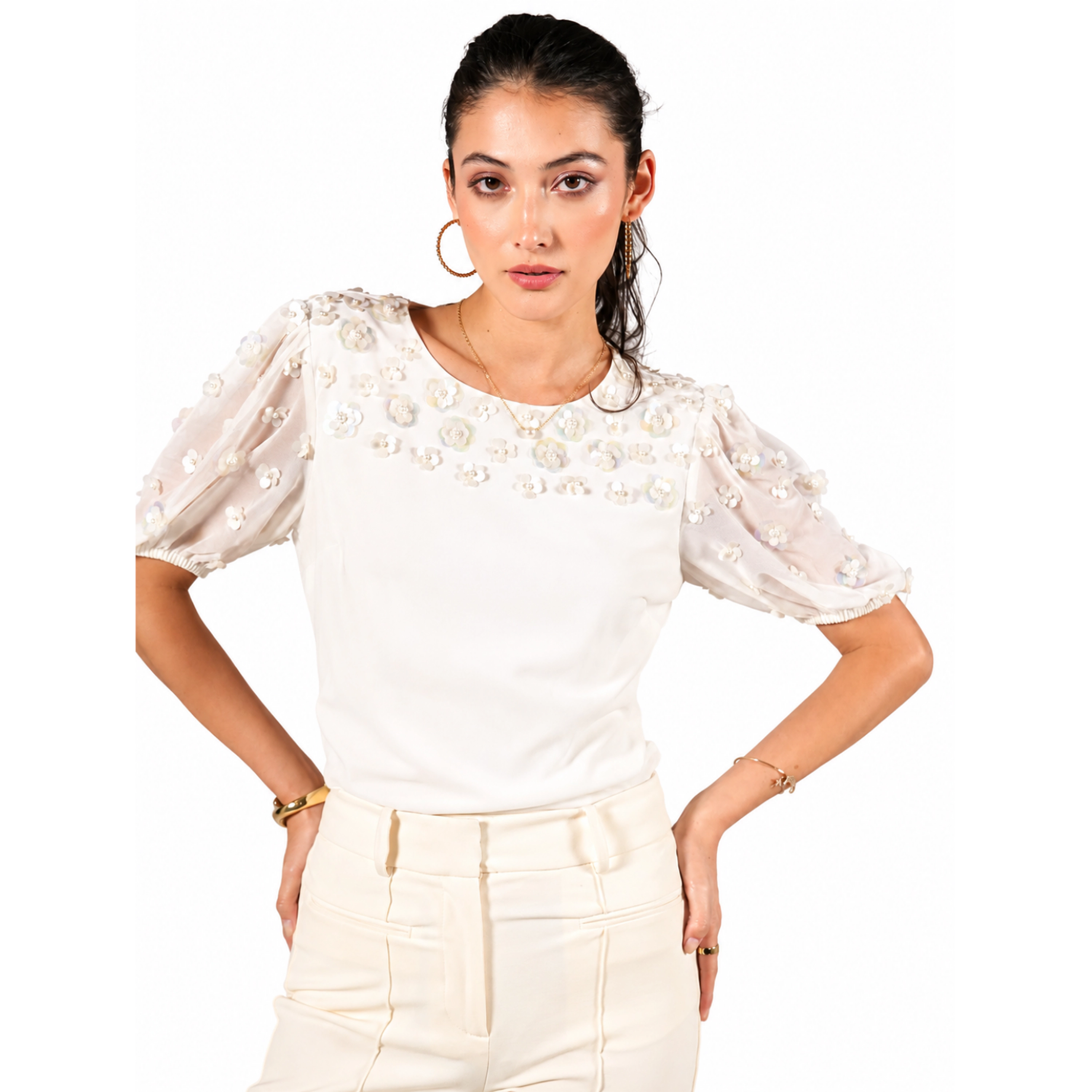 Rose & Nancy Women's Morena Ivory Hand Embellished Top