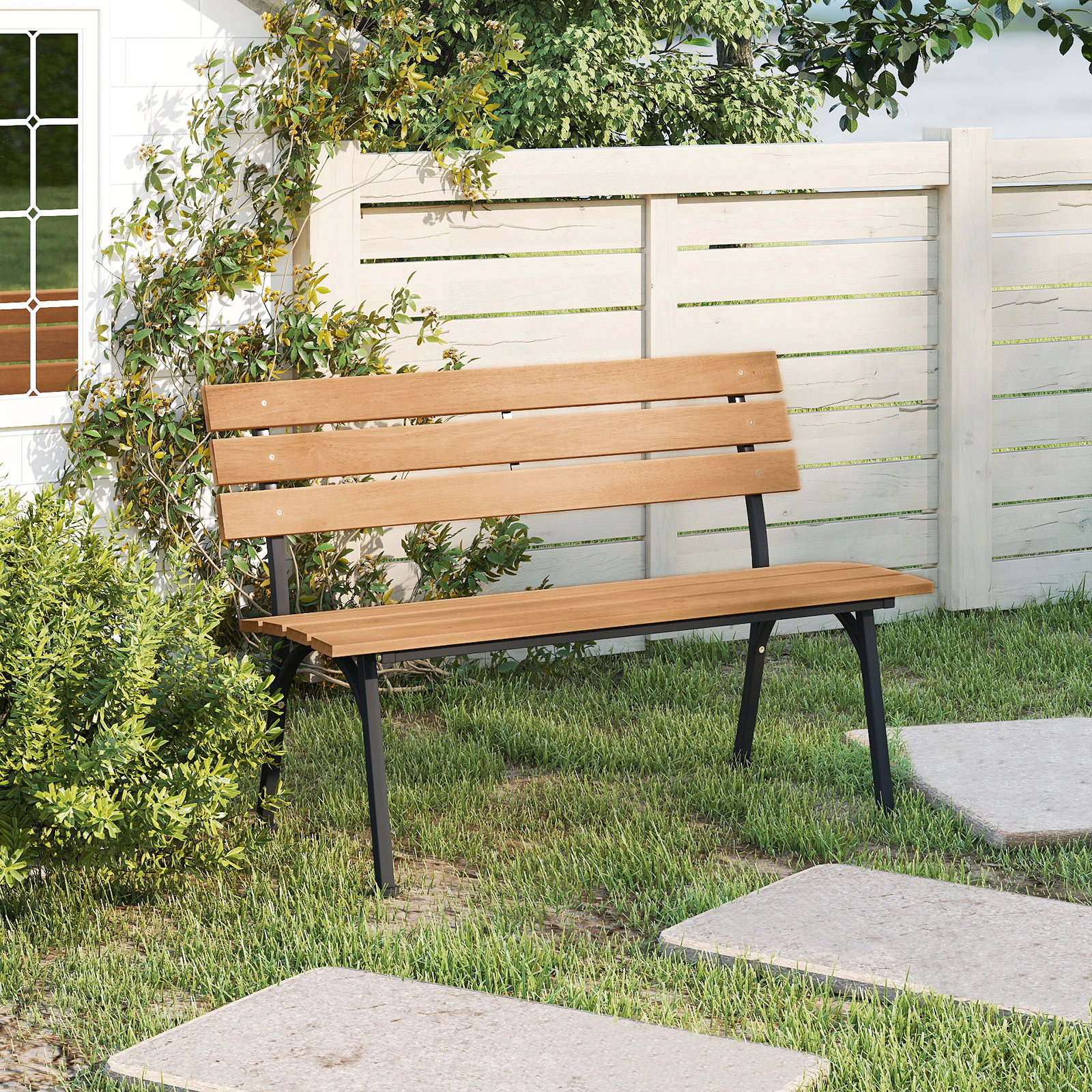LJG 47 Inch Outdoor Acacia Wood Bench with Metal Frame and Slatted Seat