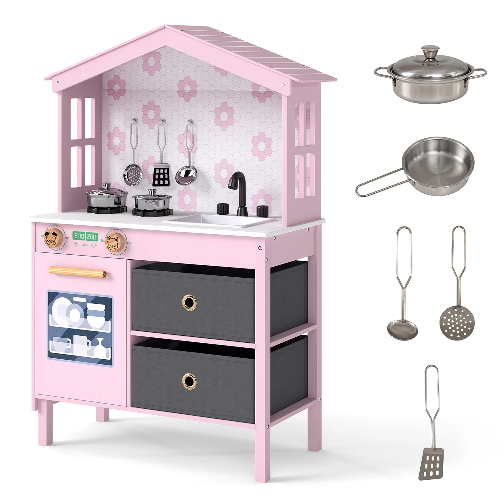 SUGIFT Kids Play Kitchen Toy Playset with 2 Stoves and Rotation Handles 35-in Tall Ages 3-6 Pink/White Wooden Set