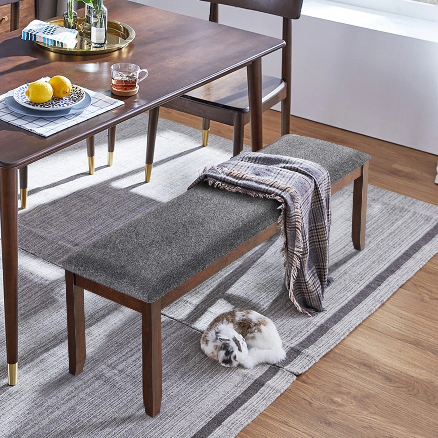 LJG Upholstered Entryway Bench Footstool with Wood Legs