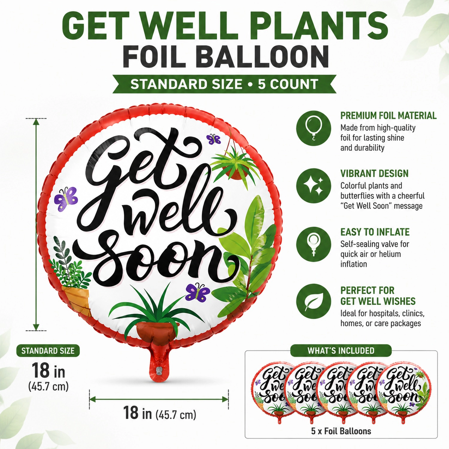 LoonBalloon Get Well Plants Foil Balloon 5-Pack