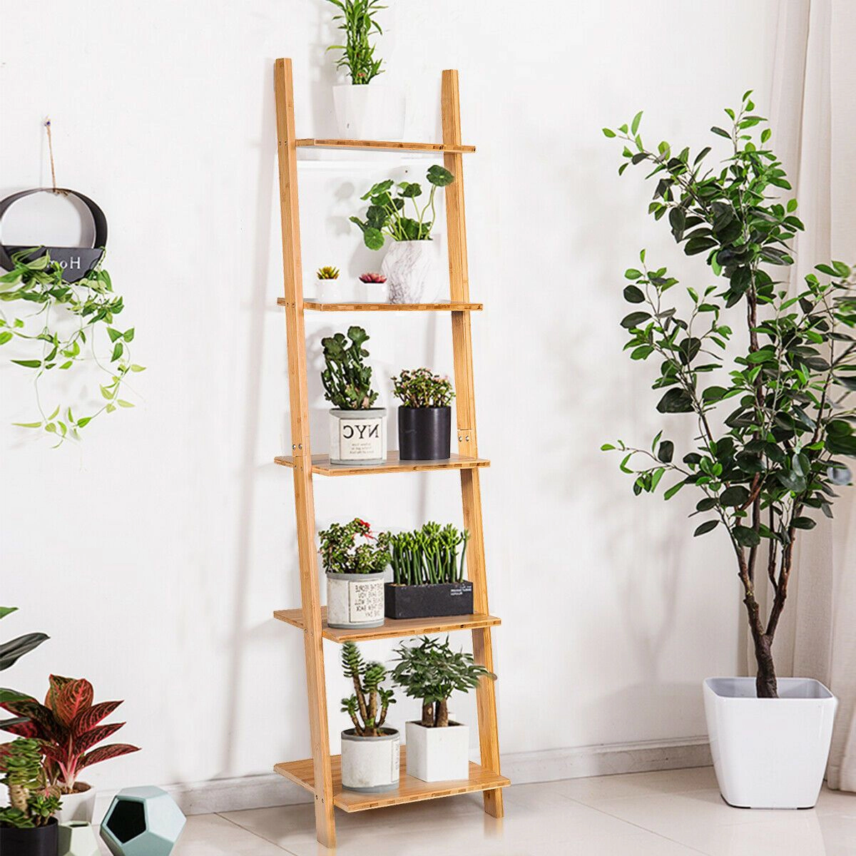 SlickBlue 65 Inch 5-Tier Wicker Leaning Bookshelf