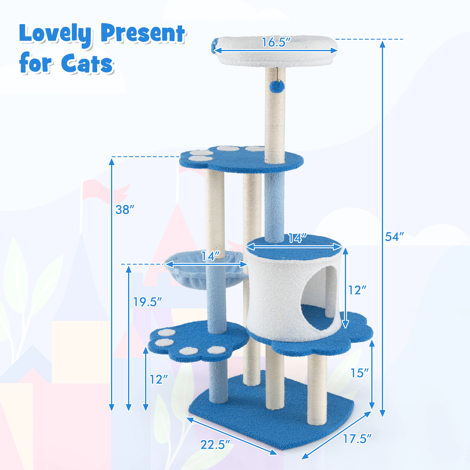 SUGIFT 54-in Tall Modern Cat Tree Tower with Condo, Hammock & Top Perch 22-lb Capacity White & Blue Teddy Plush Fabric