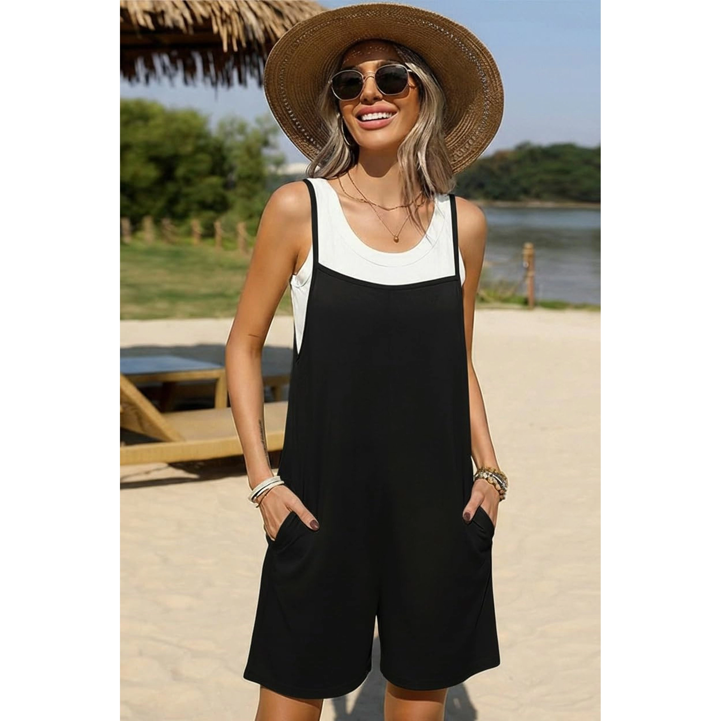 Ekouaer Women's Floral Print Spaghetti Strap Romper with Pockets