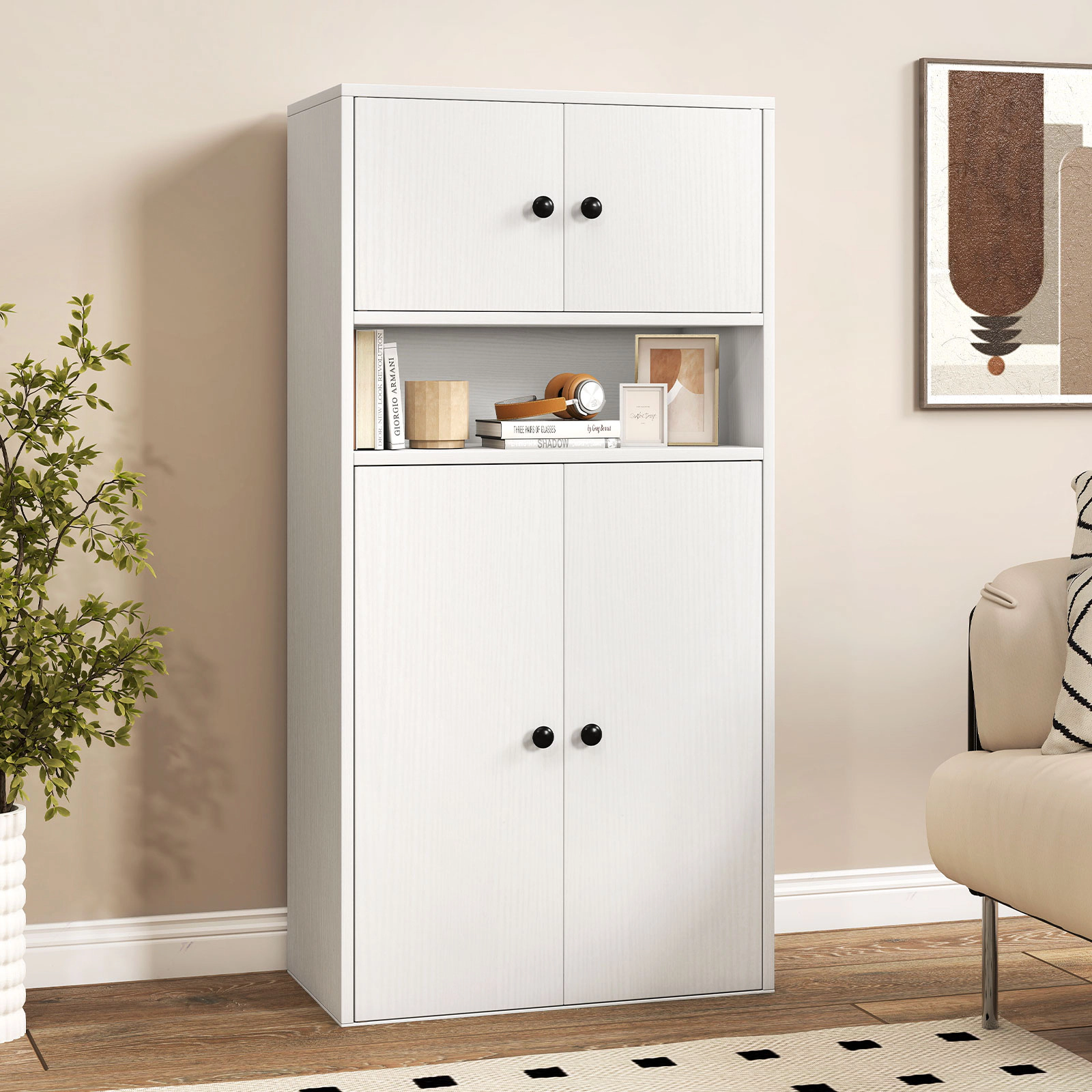 SUGIFT White 44 in Tall Bookshelf with Doors and 5-Position Adjustable Shelf