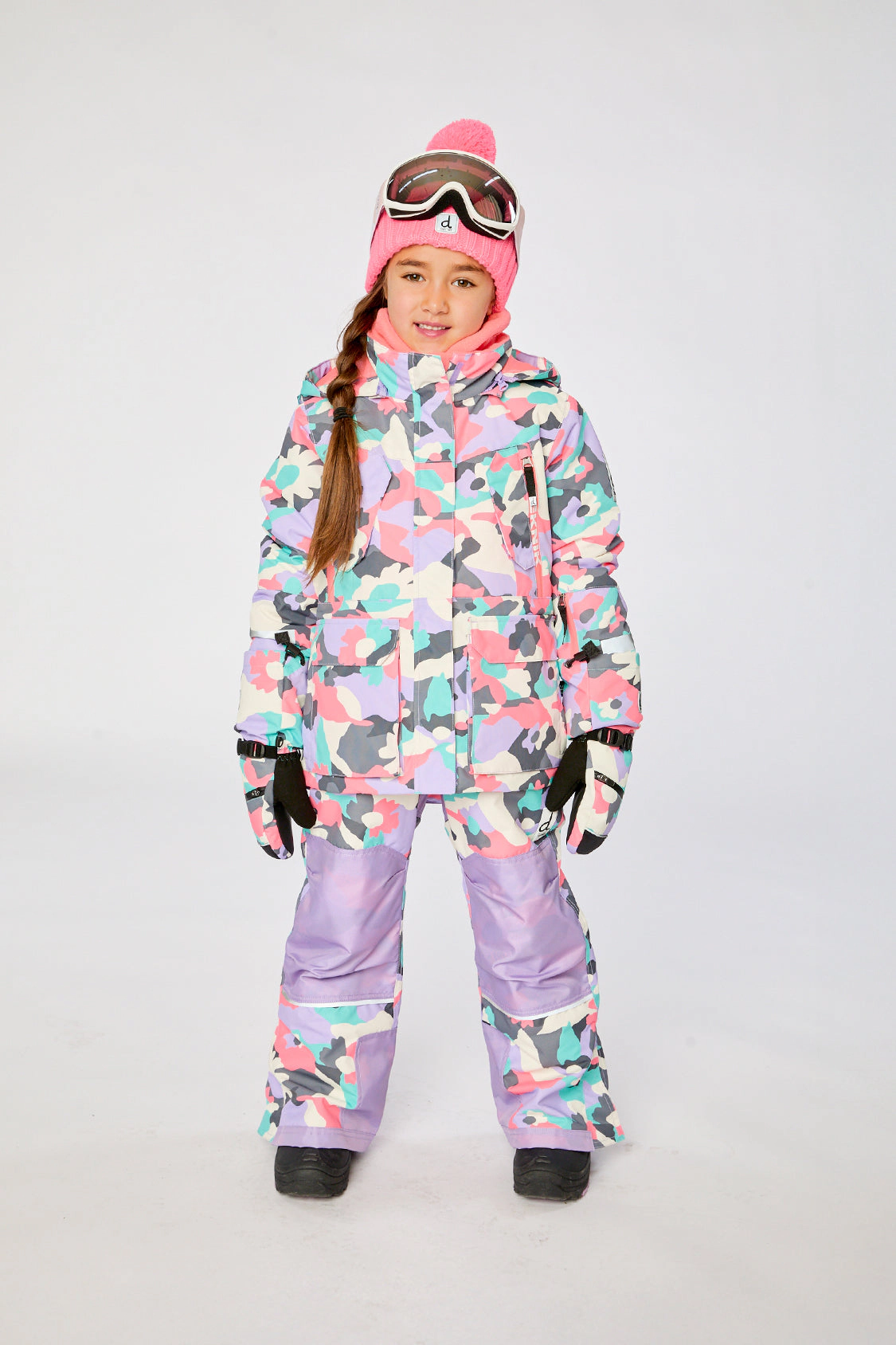 Deux par Deux Girls Two Piece Teknik Camouflage Print Snowsuit with Hooded Jacket and Snow Pants