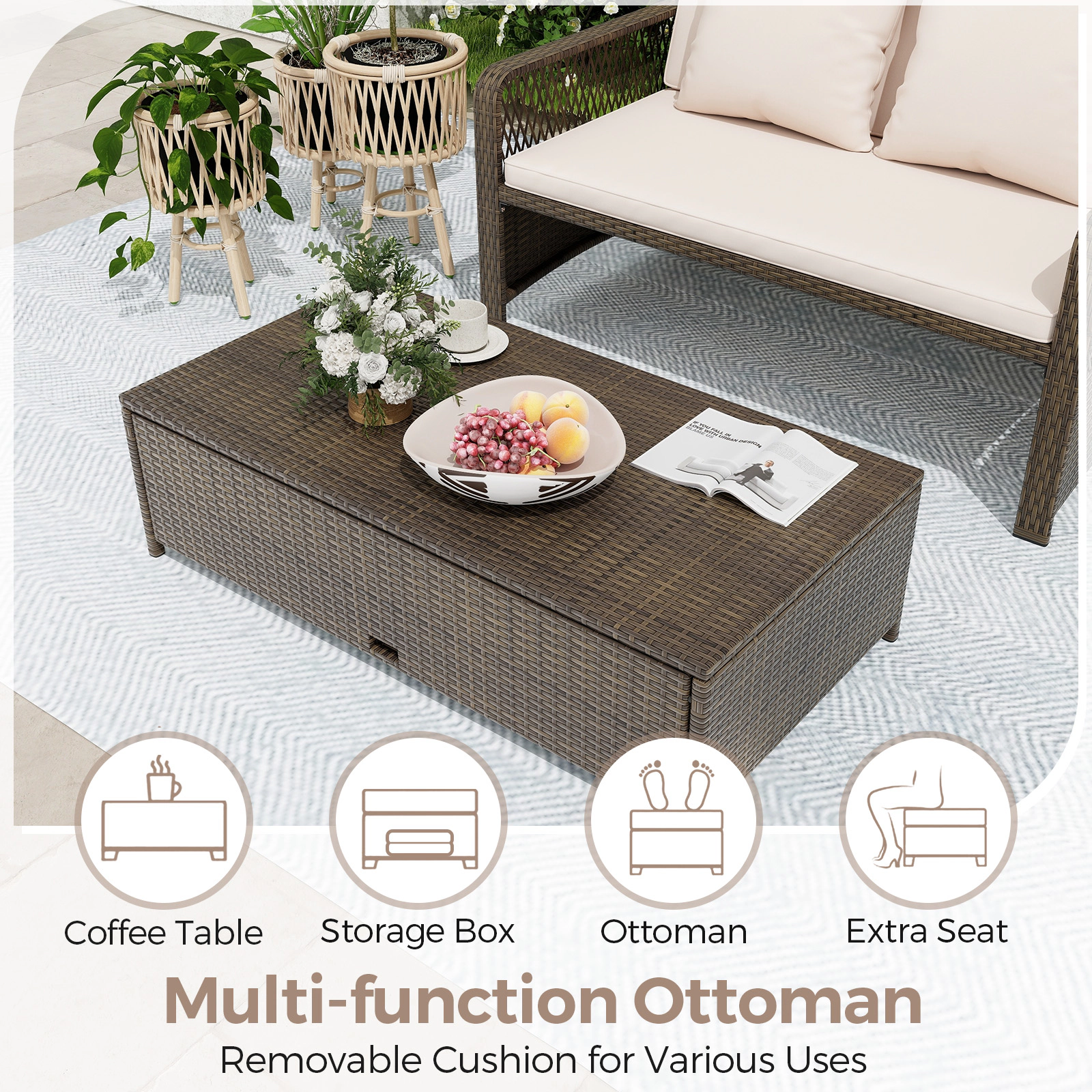 SUGIFT Beige 4-Level Backrest and Storage Ottoman Patio Adjustable Wicker Daybed