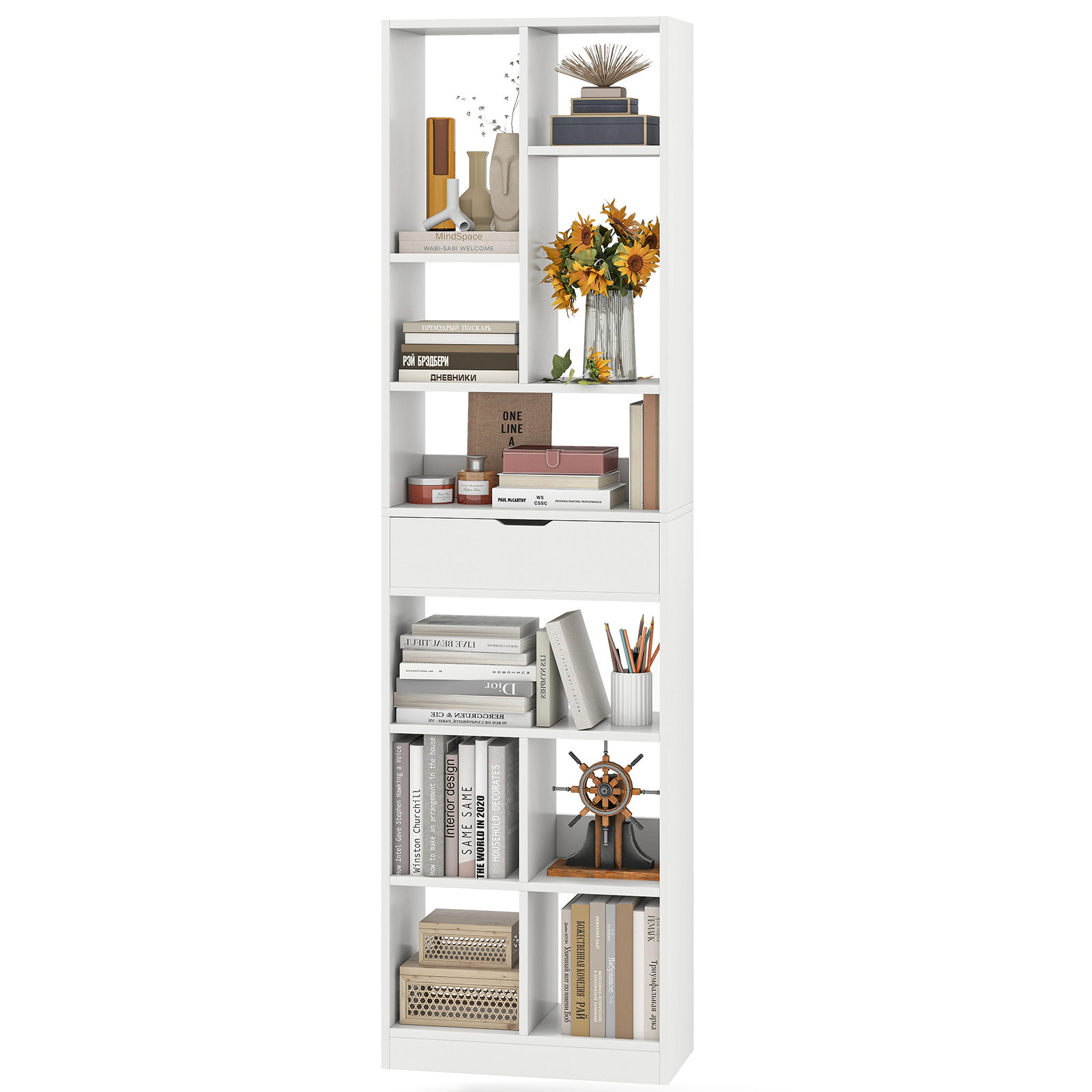 SUGIFT White 7-Tier Bookshelf 71 in with 10 Open Cubes and Storage Drawer