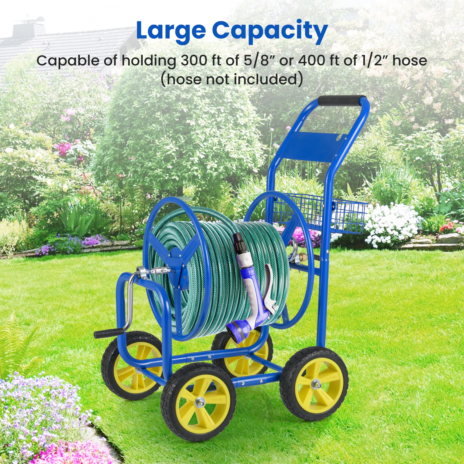 SUGIFT Garden Hose Reel Cart Metal Organizer with 4 Wheels and Storage Basket