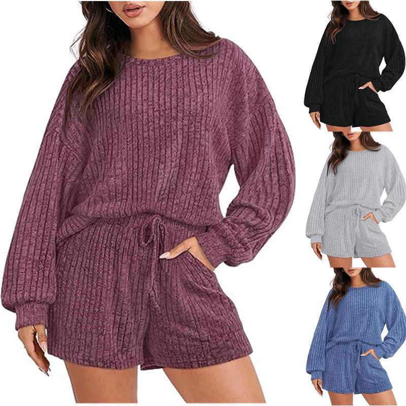 KOJOOIN Women Loungewear Ribbed Knit 2 Piece Outfit Set Long Sleeve Top and Drawstring Shorts Tracksuit