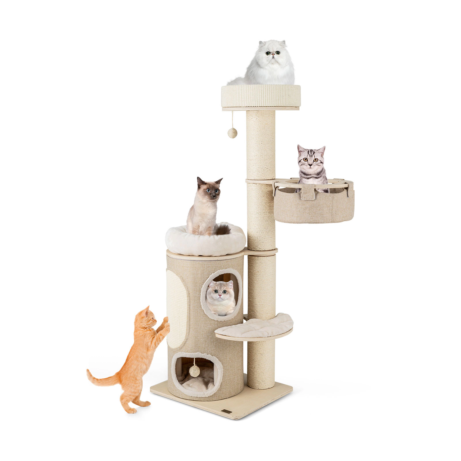 SUGIFT 61-in Natural Cat Tree with 2-Story Condo Faux Linen Hammock Bamboo Mat and Washable Cushions