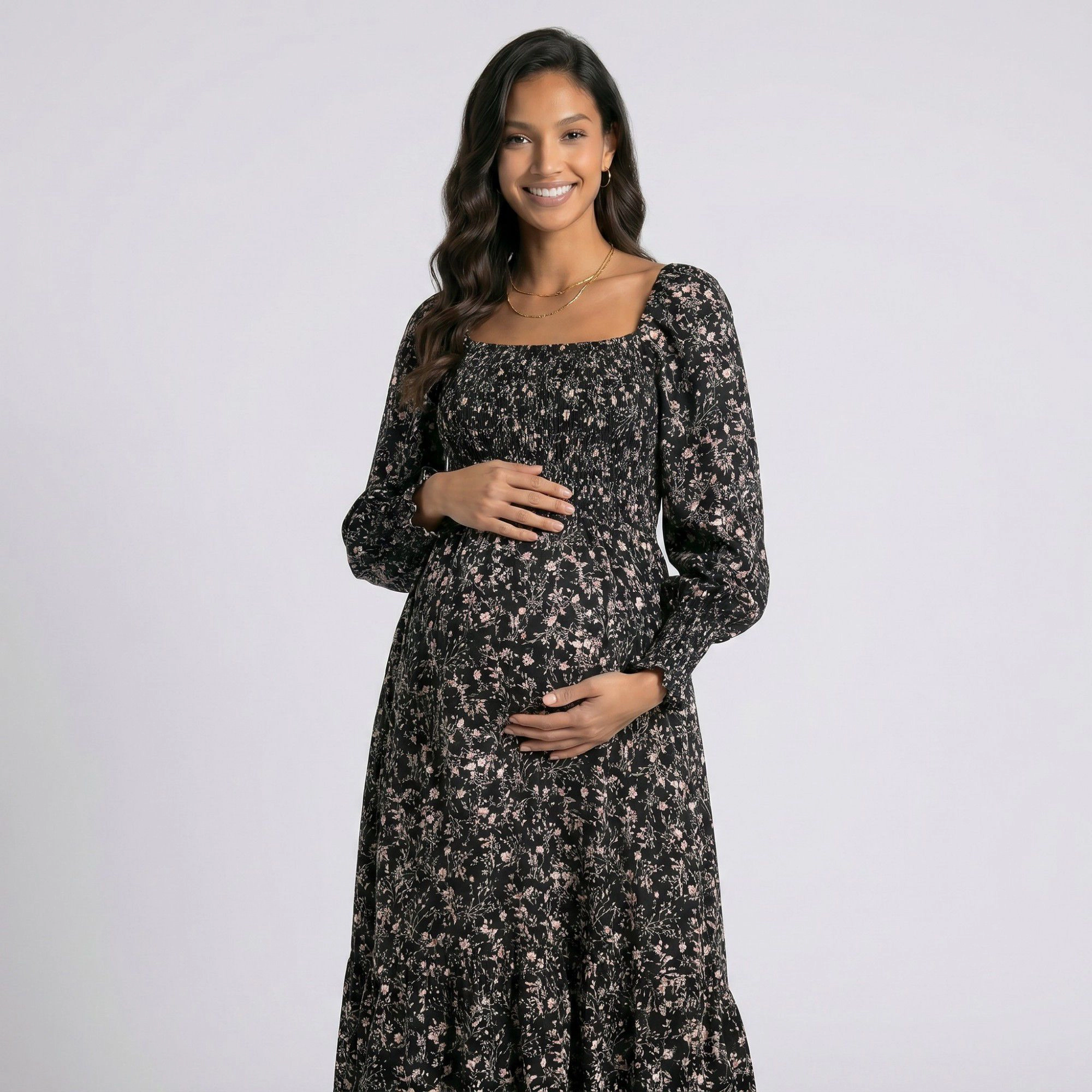 Anna-Kaci Women's Maternity Floral Square Neck Long Sleeve Smocked Bodice Midi Dress