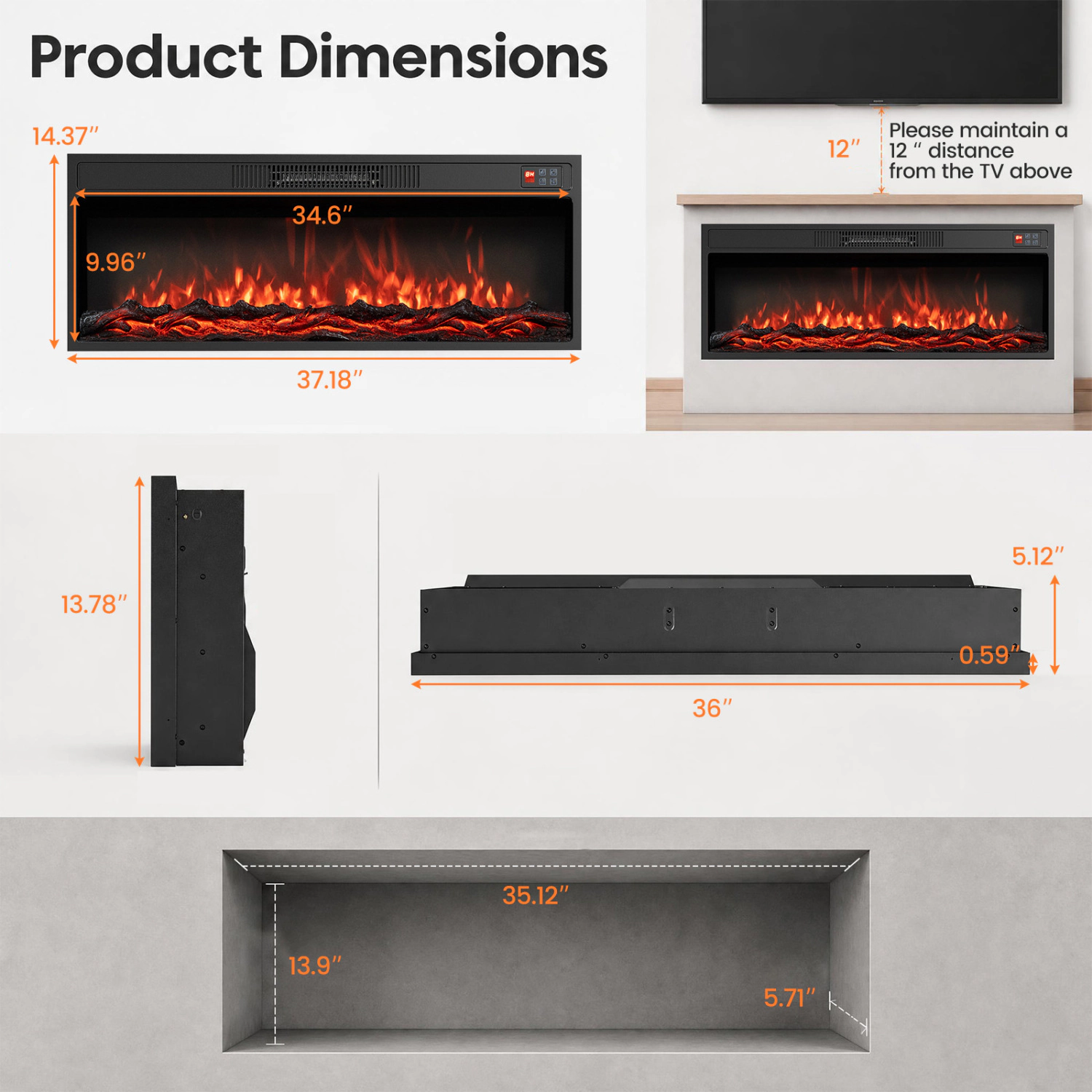 LJG Recessed Electric Fireplace Heater with Adjustable Flame Colors & Brightness
