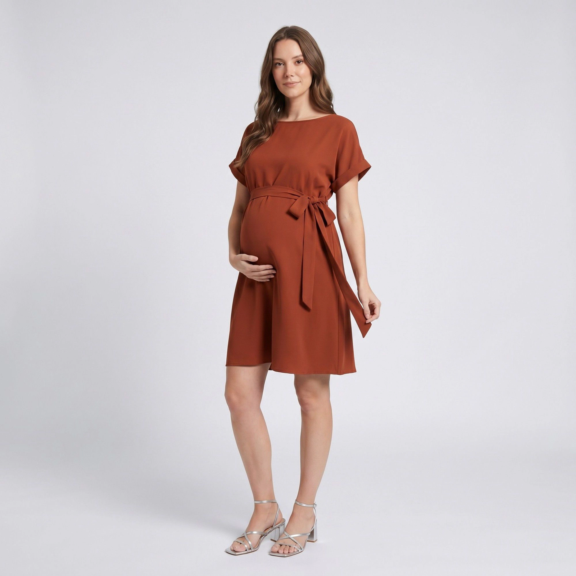 Anna-Kaci Women's Maternity Short Sleeve Tie Waist Relaxed A Line Fit Dress