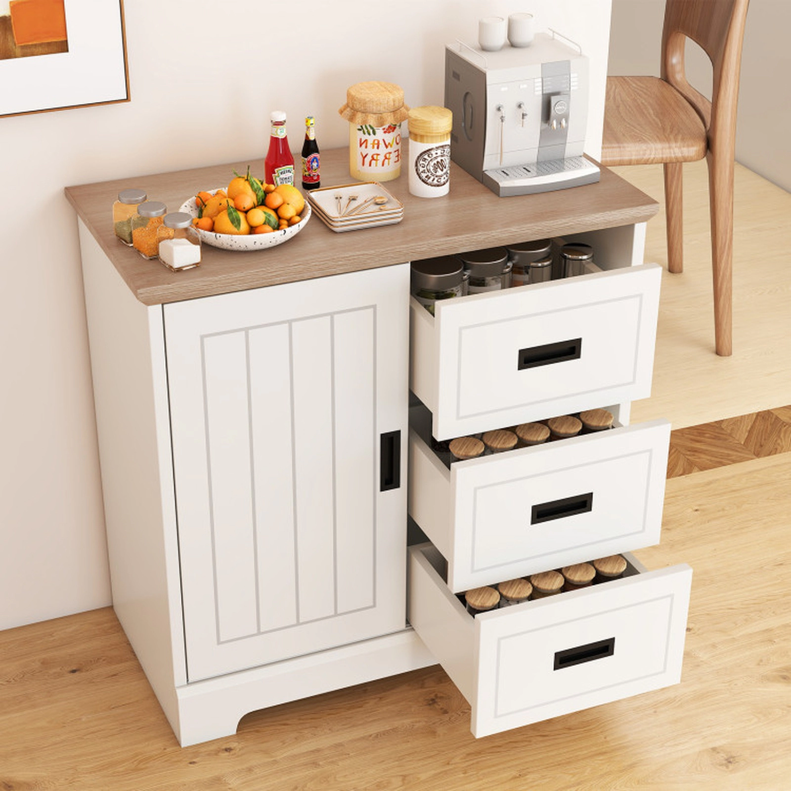 SUGIFT Farmhouse Sliding Door Sideboard Buffet Cabinet Kitchen Pantry 66-lb Tabletop Capacity Ivory and Oak