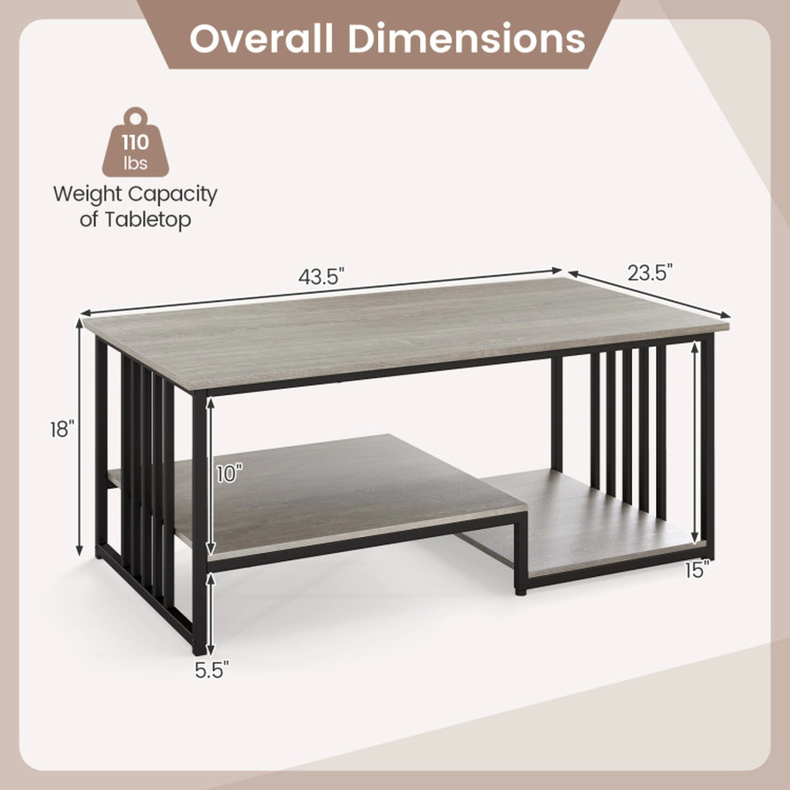 SUGIFT 43.5-in 2-Tier 110-lb Capacity Oak Rustic Wood Grain Coffee Table with Open Shelf and Metal Frame