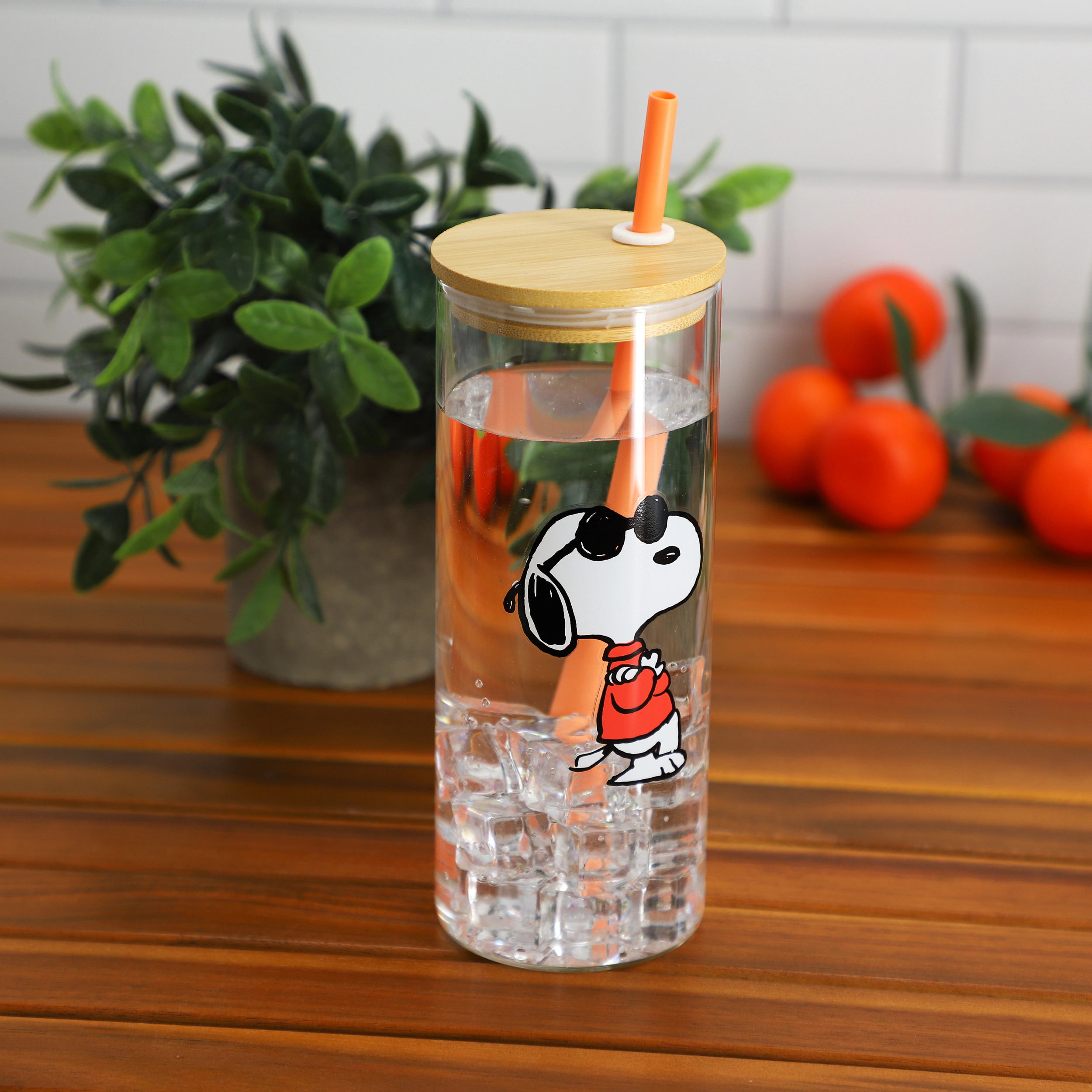 Peanuts Happy Sips Snoopy and Woodstock 6 Piece 23 Ounce Glass Tumbler with Straw and Bamboo Lid in Orange