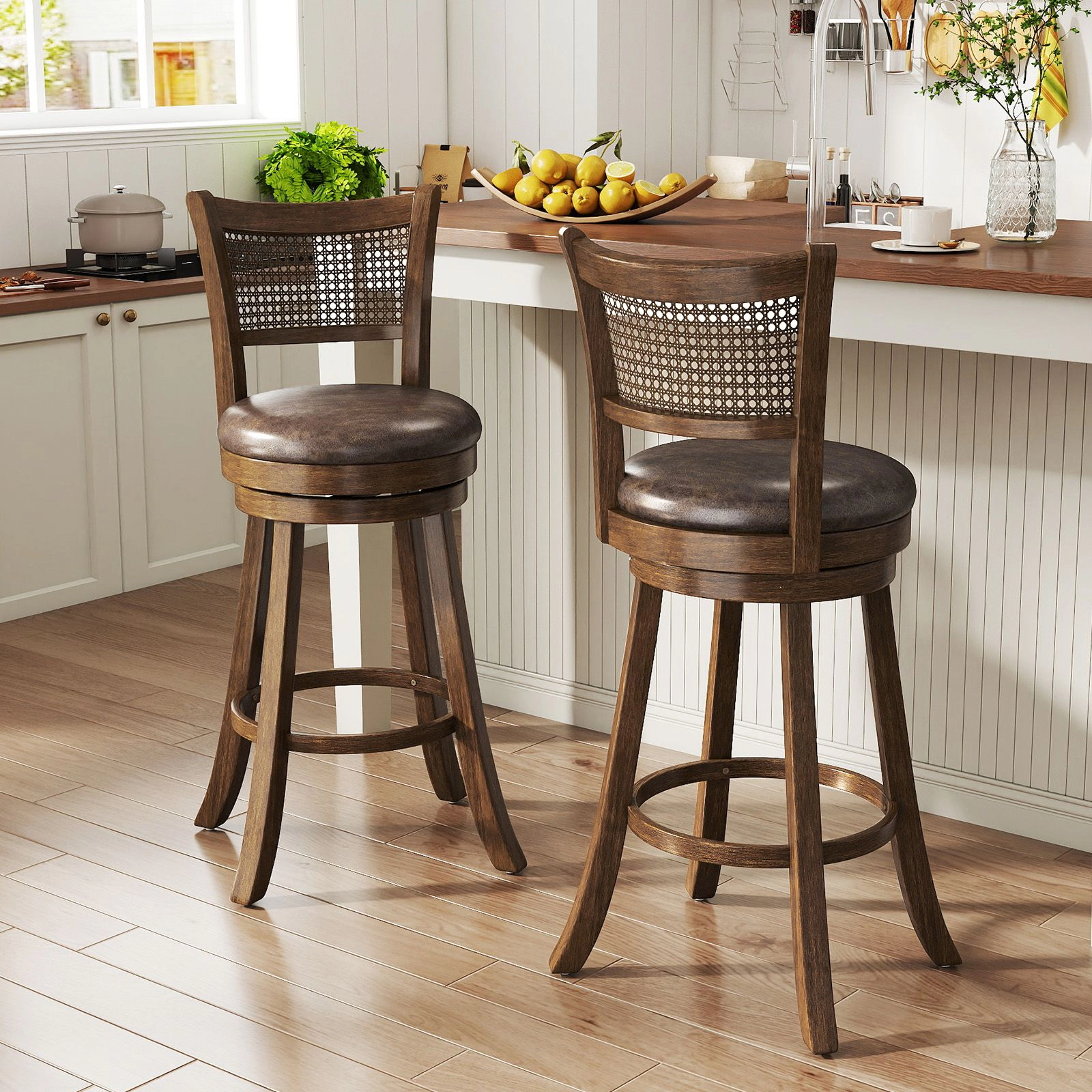 SlickBlue High Dining Chairs with Leathaire Seat, Footrest and Rattan Backrest