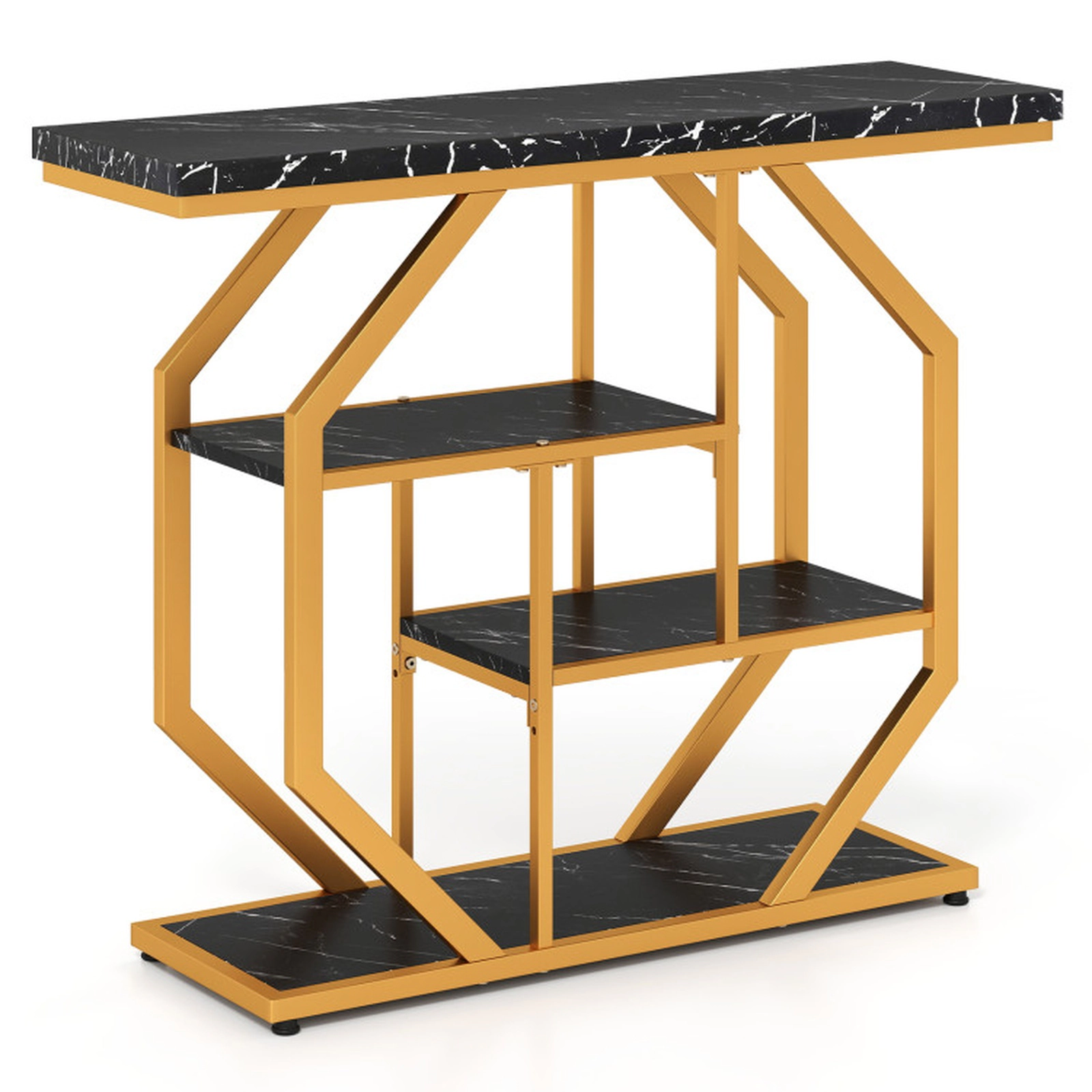 SUGIFT 4-Tier Console Sofa Table with Faux Marble Tabletop 110-lb Tabletop Capacity Black & Gold