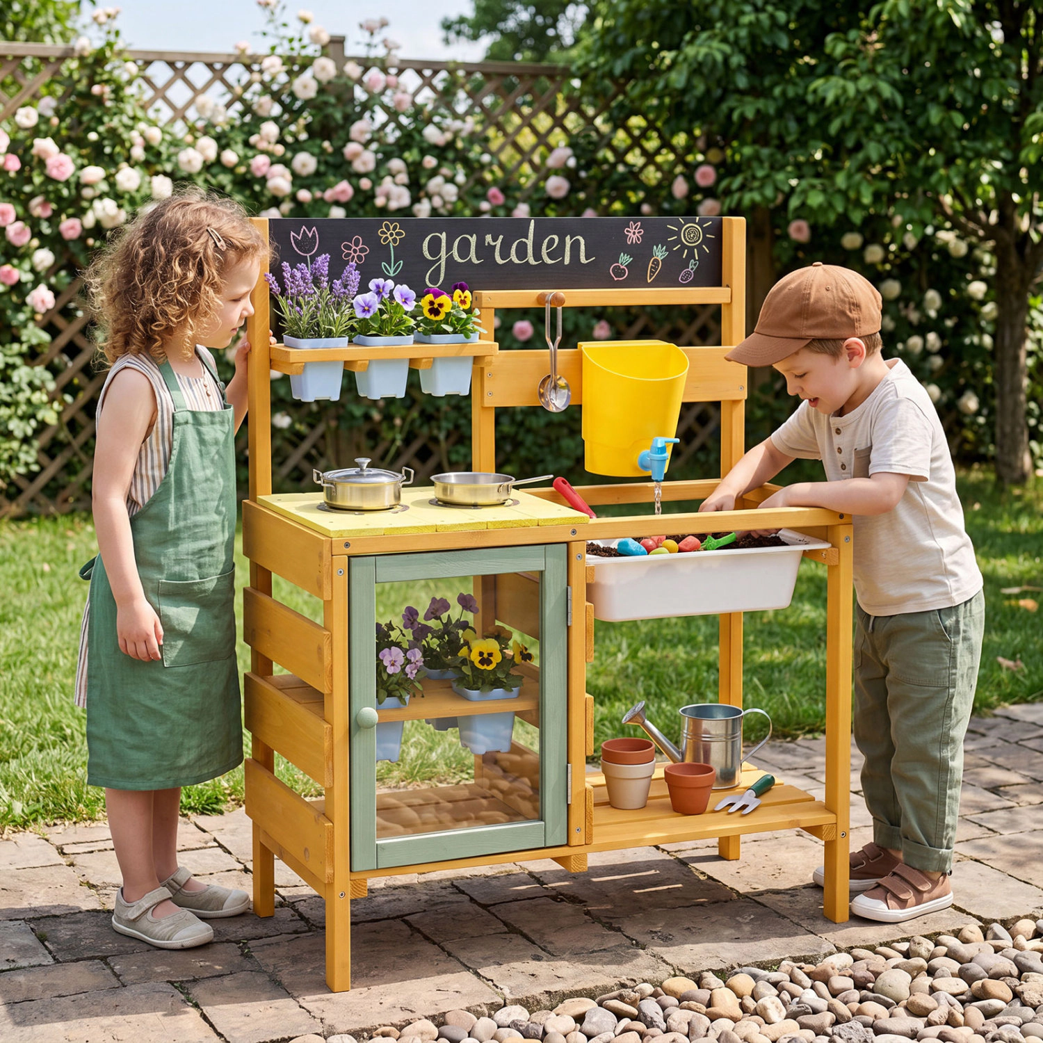 LJG Wooden Mud Kitchen for Toddlers with Faucet and Water Tank