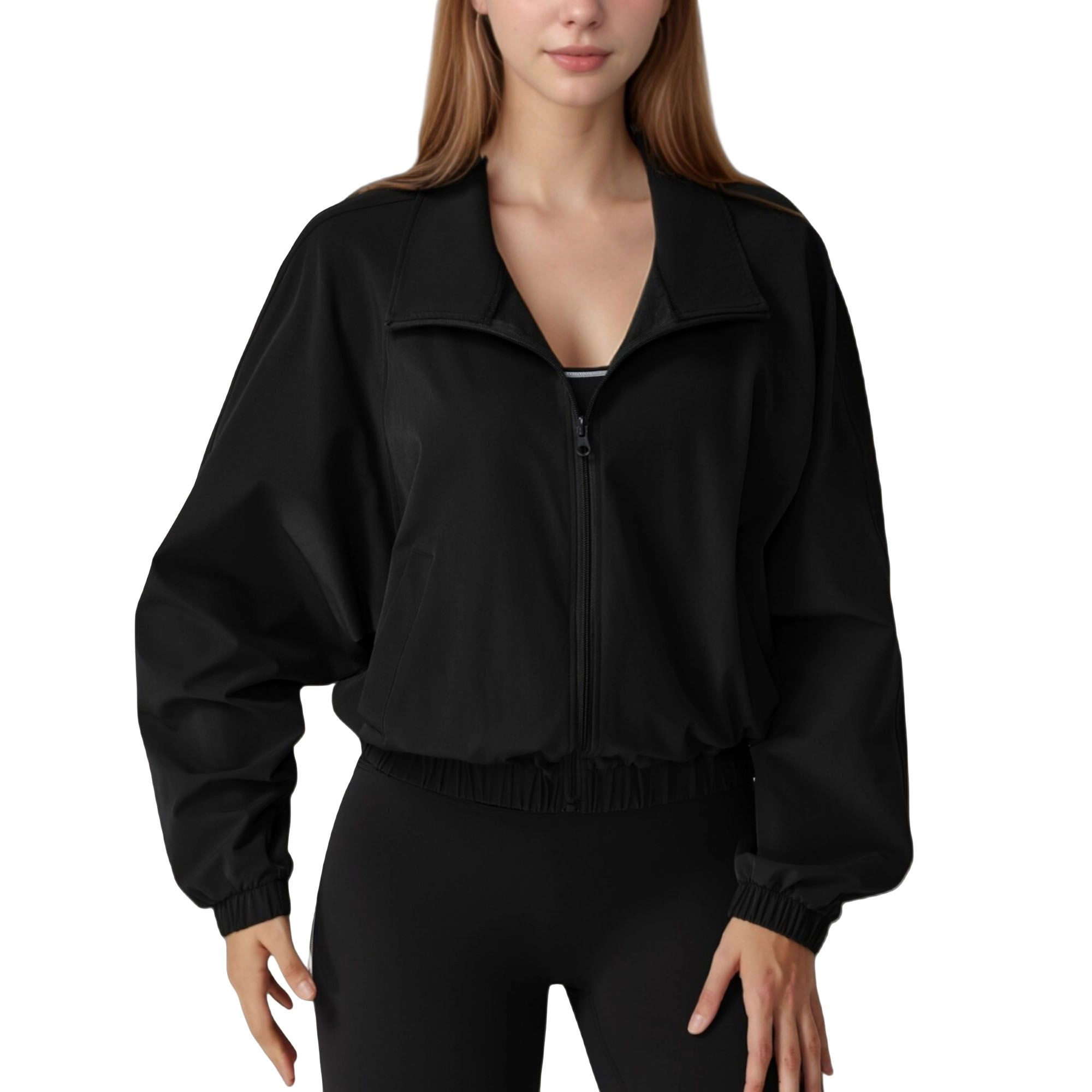 Anna-Kaci Women's Zip-Up Activewear Jacket with High Collar Long Sleeves and Relaxed Elastic Hem for Workout Wear