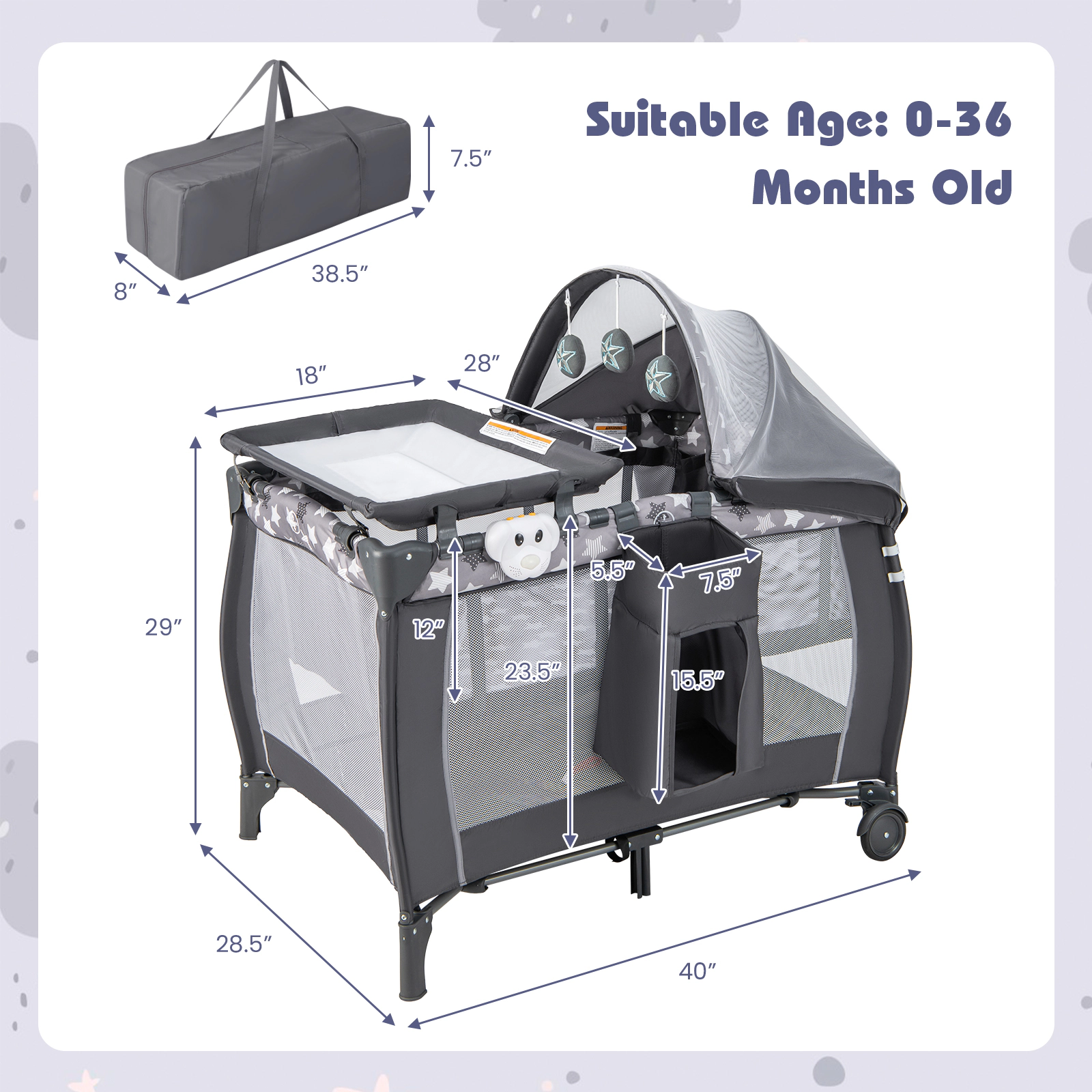 SUGIFT 4-in-1 Portable Baby Nursery Center Travel Crib and Playard 33-lb Capacity Ages 0-3 Years Gray