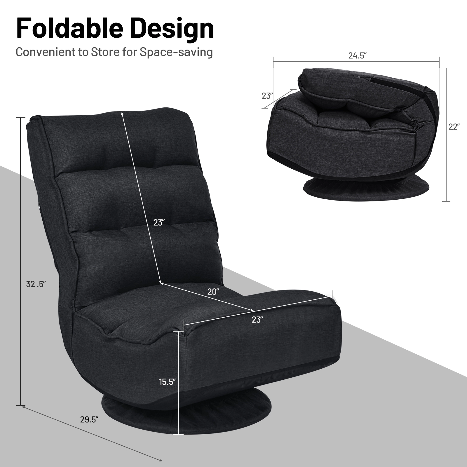 SUGIFT 5-Position Swivel Folding Floor Gaming Chair 300-lb Capacity 23-in Long Iron Frame Floor Seat Black