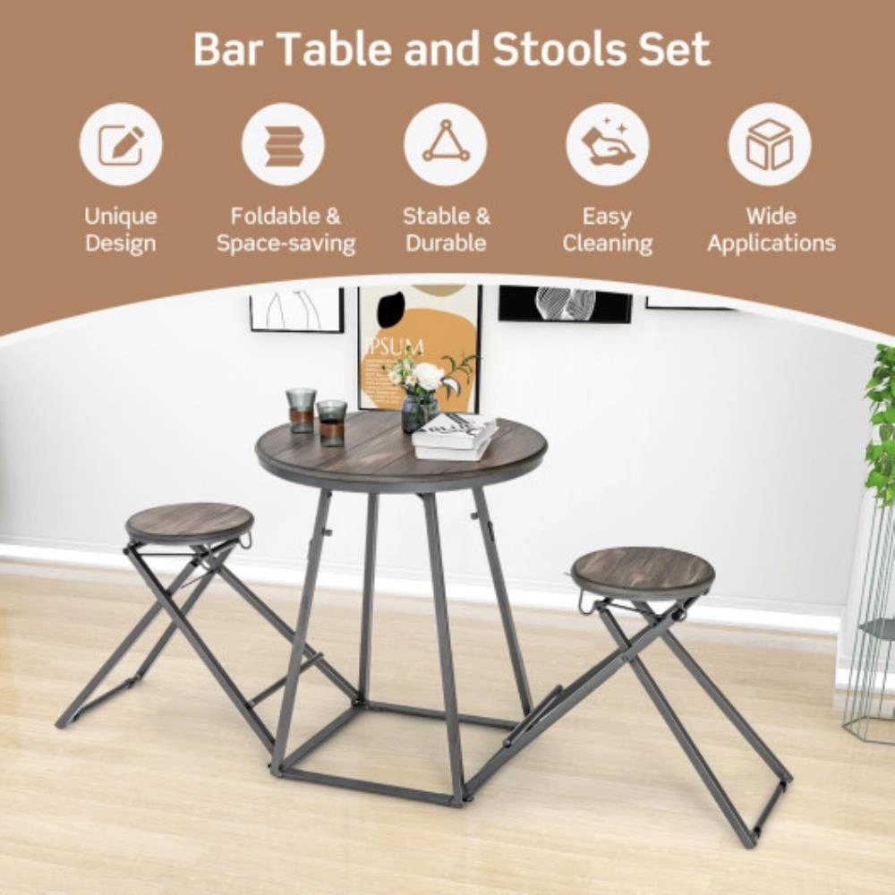 Hivvago 3 Pieces Dining Table Set With 2 Foldable Stools For Small Space-Gray