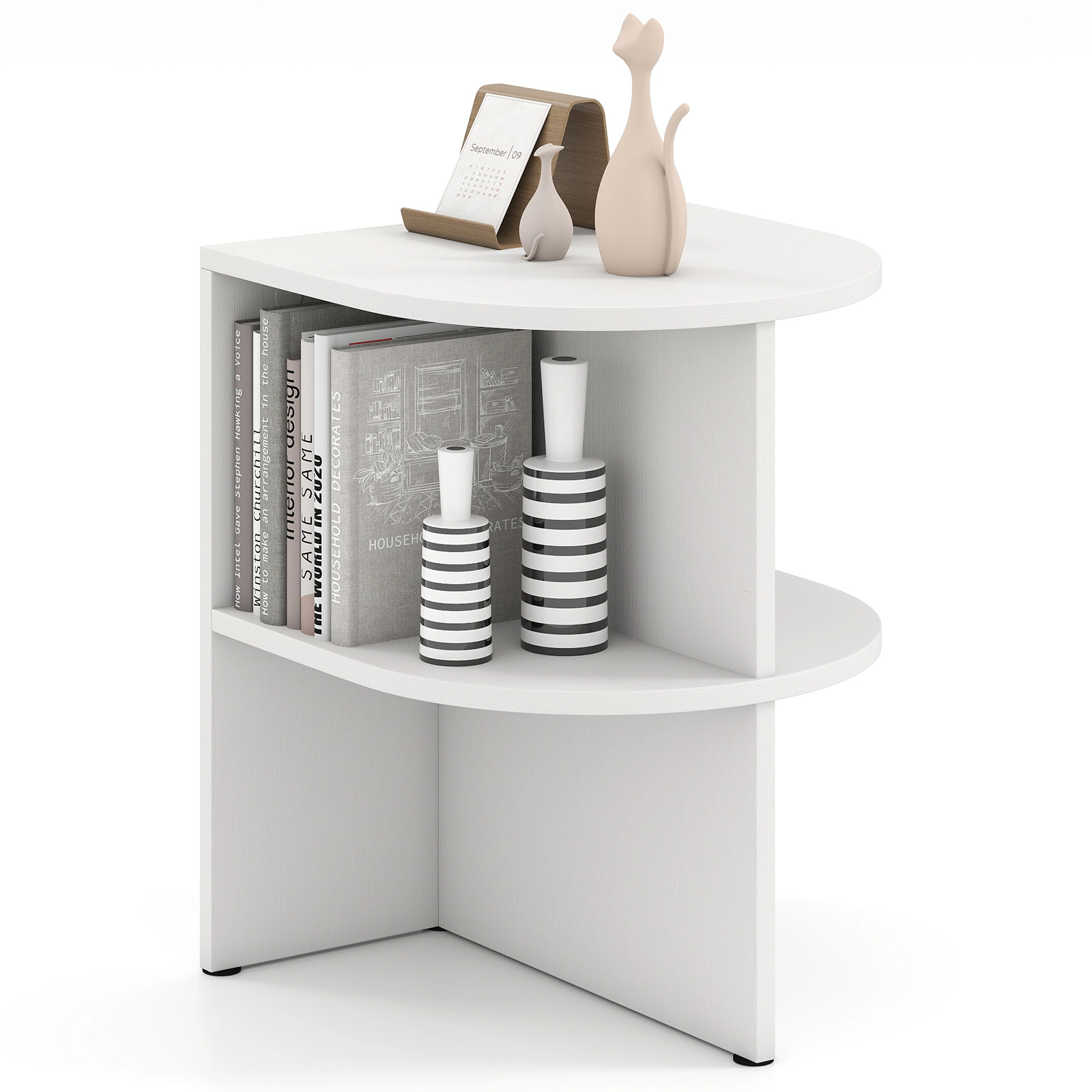 Glintex Half-Round End Table with 2 Open Shelves and Screw Hole Covers, White
