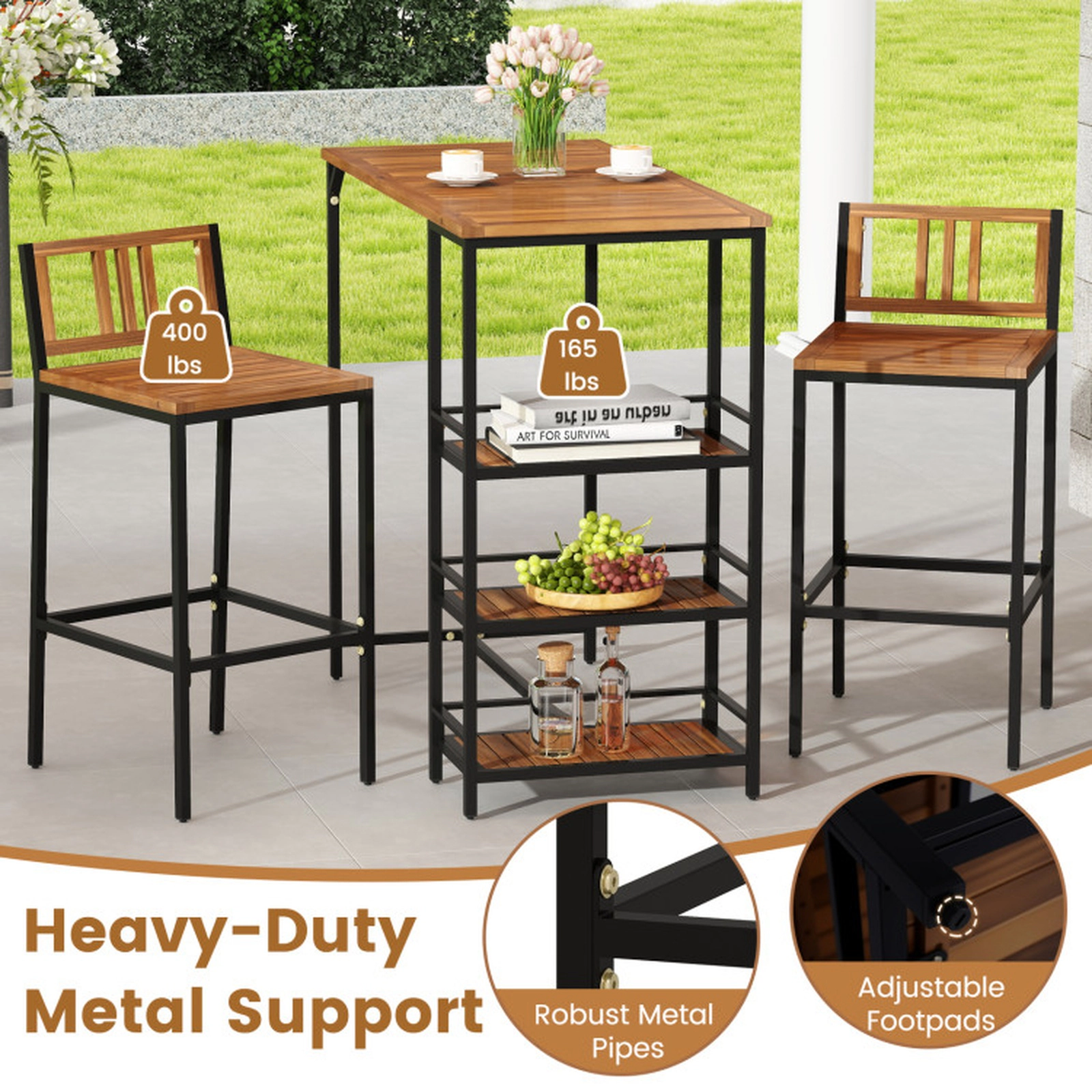 SUGIFT Outdoor Bar Set with 3-Tier Storage Shelf 400-lb Chair Capacity Black + Natural