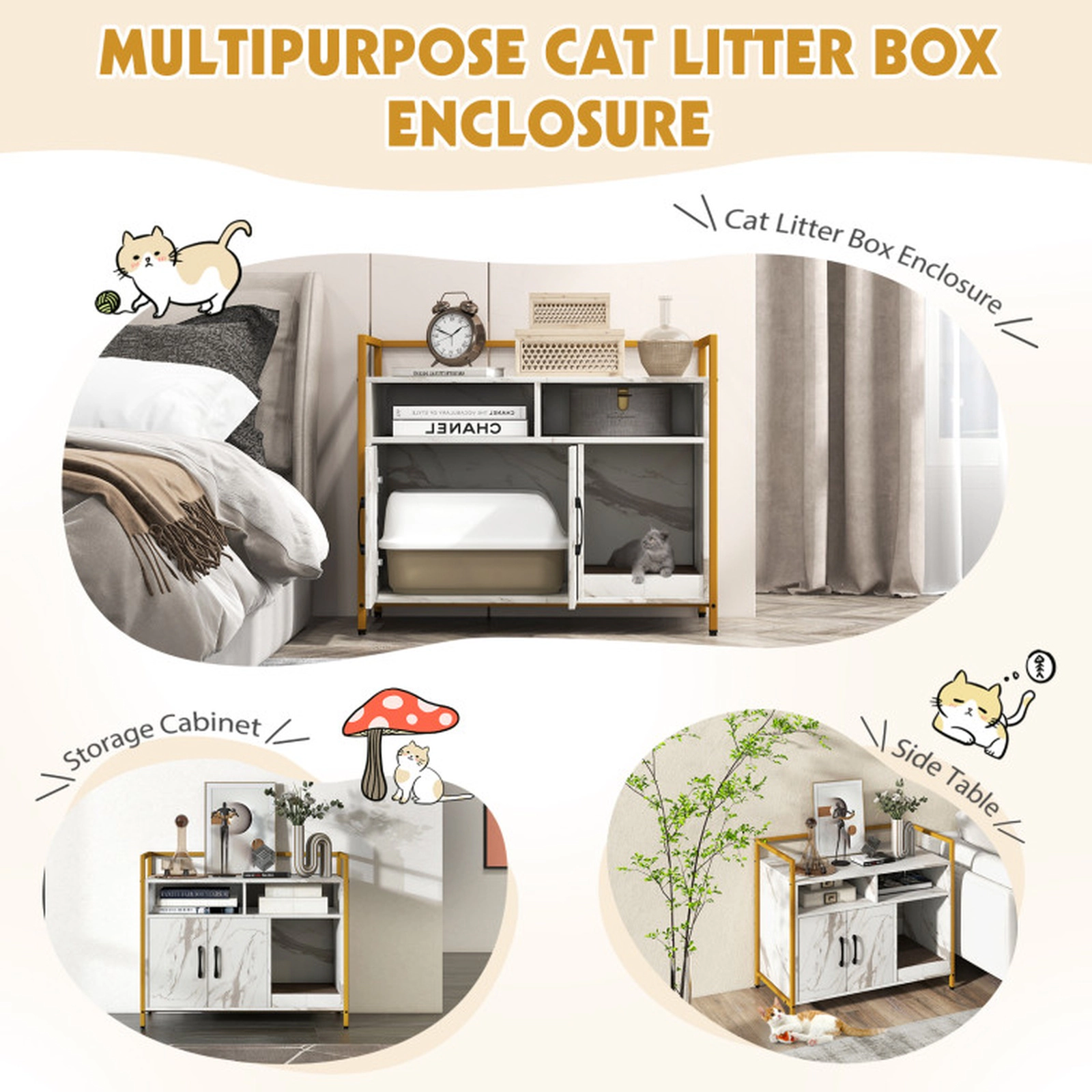 SUGIFT 35 x 29.5-in 110-lb Capacity White Hidden Litter Box Enclosure Cat Washroom with Doors and Scratch Board