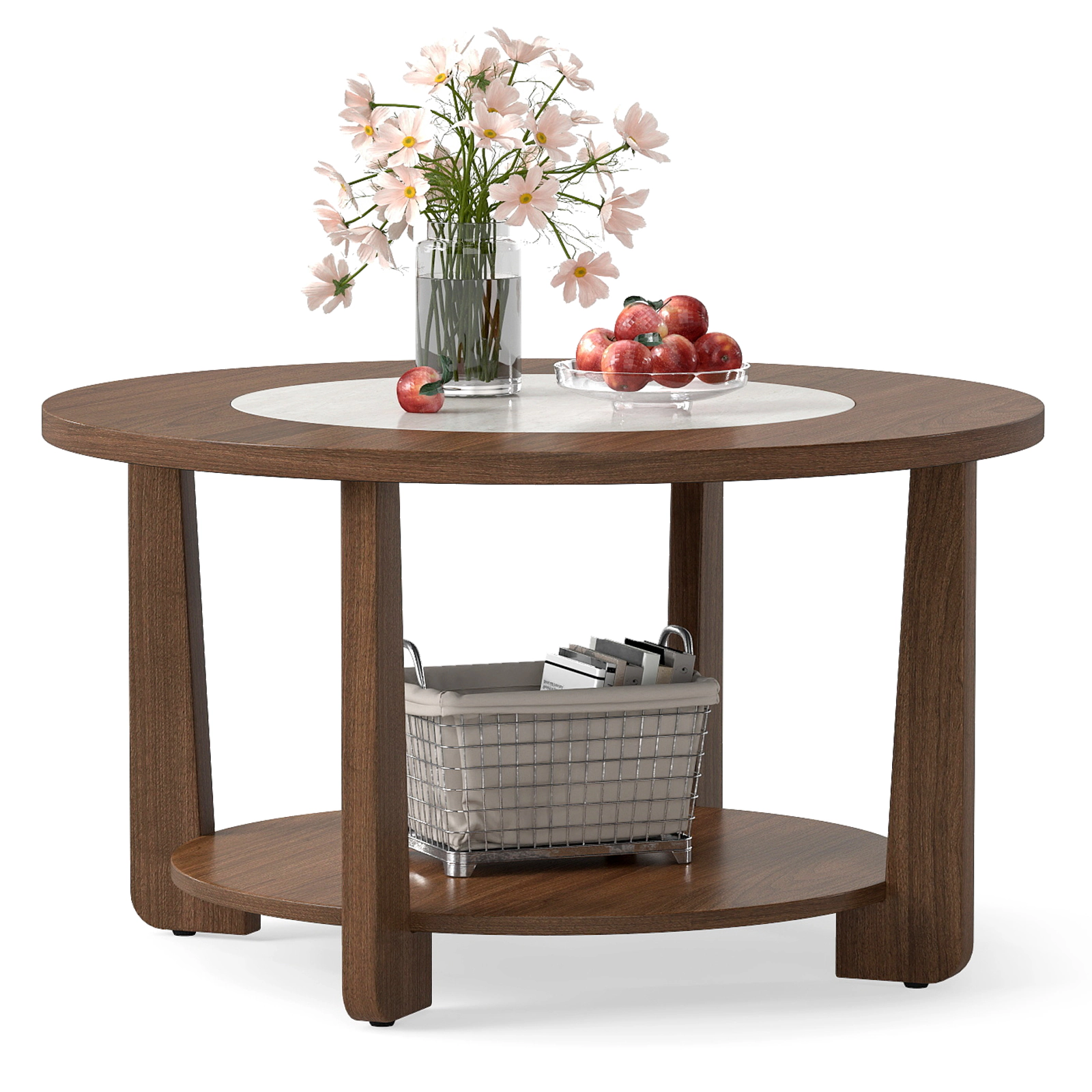 LJG Farmhouse Accent Round Coffee Table with 2-Tone Tabletop and Open Storage Shelf for Living Room