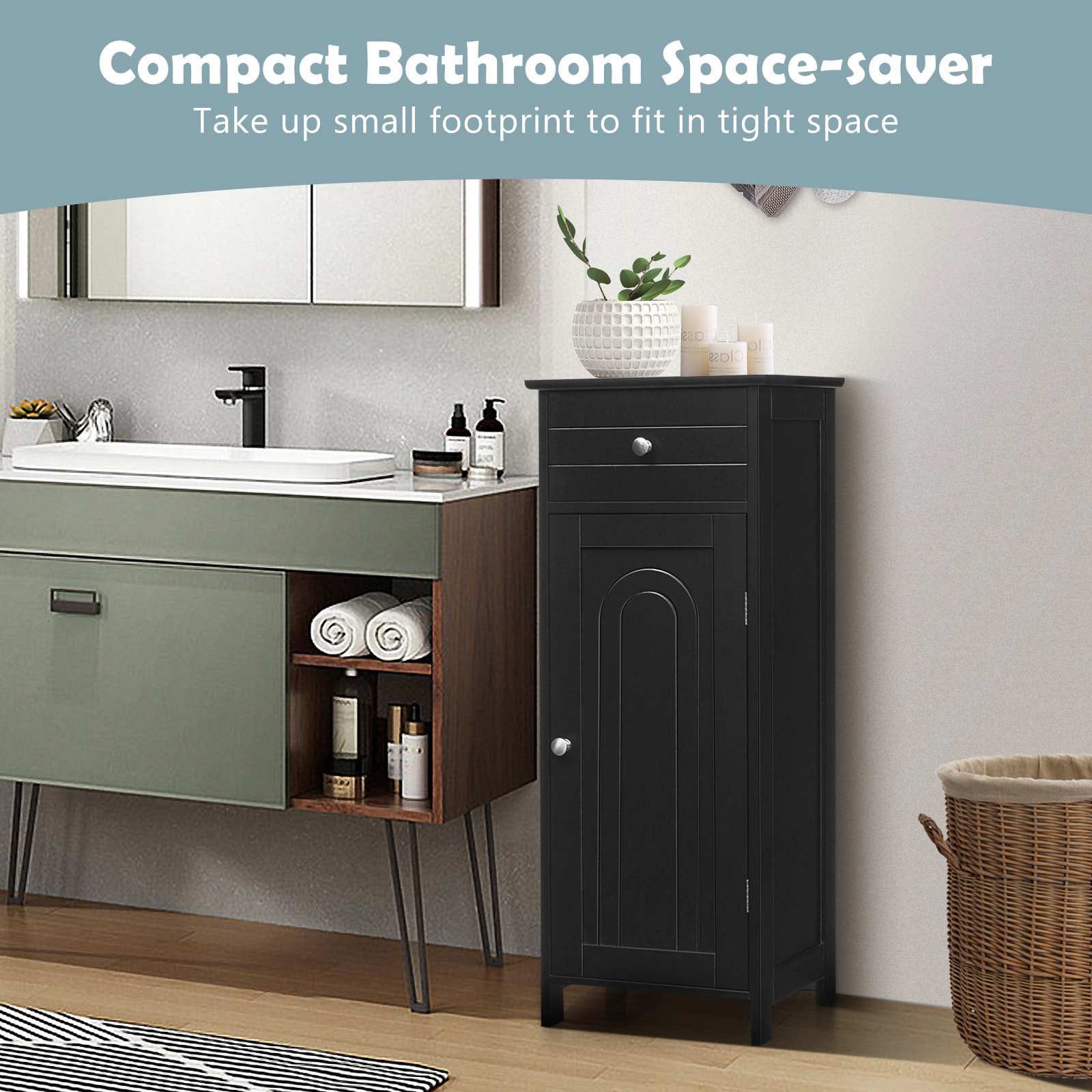 SUGIFT 1 Drawer 1 Door Adjustable Shelves Freestanding Bathroom Cabinet 14-in x 12-in x 34.5-in 132-lb Capacity Black