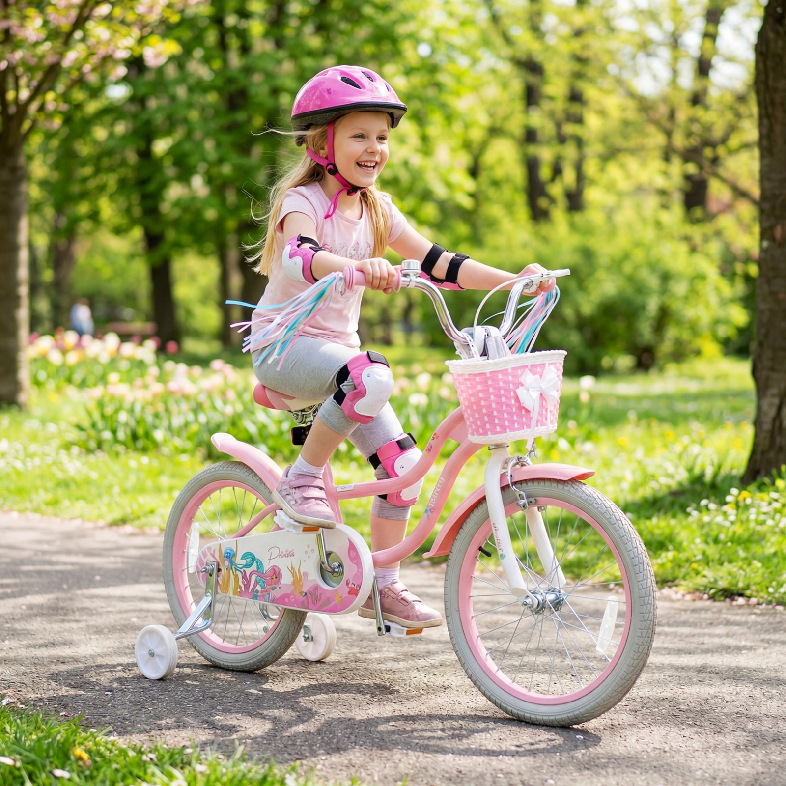 18-in Girls Bike with Removable Training Wheels Kickstand Basket and Streamers for Ages 4-8 Mermaid Graphics Bicycle