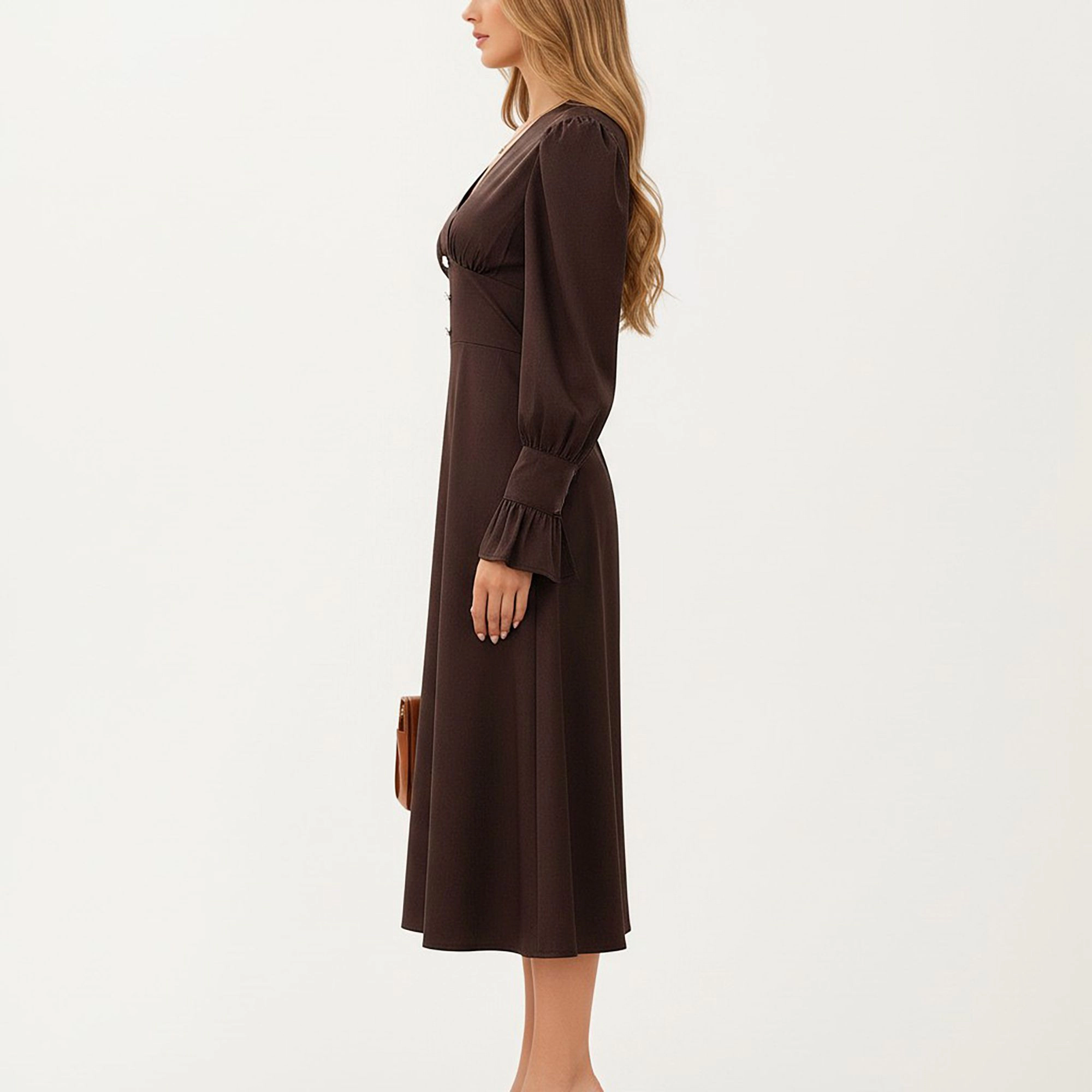 Anna-Kaci Women's Long Sleeve V Neck Button Accent Flared Cuff Midi Dress