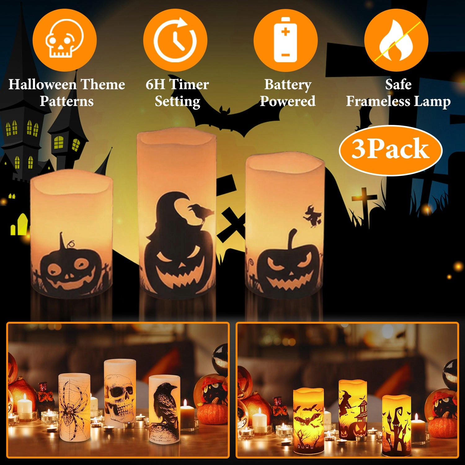 GBruno 3-Pack Timer Halloween Flameless Candle Lamps