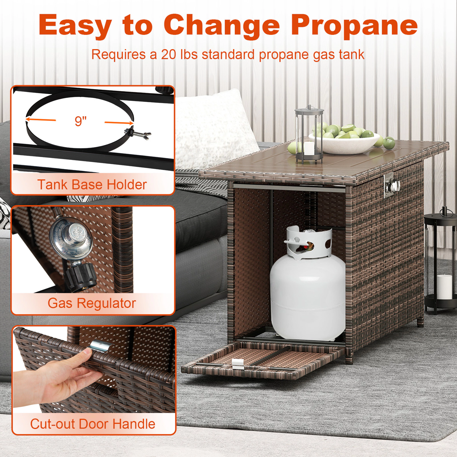 SUGIFT 44.5-Inch Rattan Propane Fire Pit Table with Stainless Steel Burner Brown