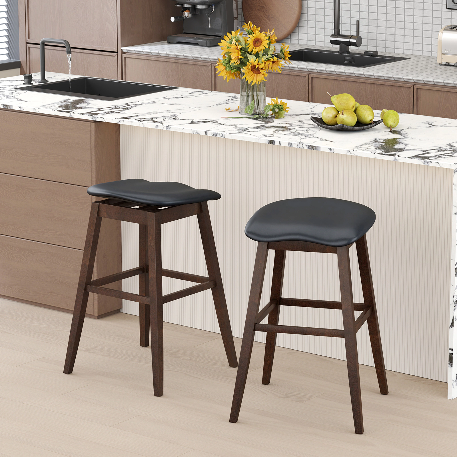 Glintex 2-Piece 31-Inch Backless Swivel Bar Stool Set with Contoured PVC Seat, Black & Brown