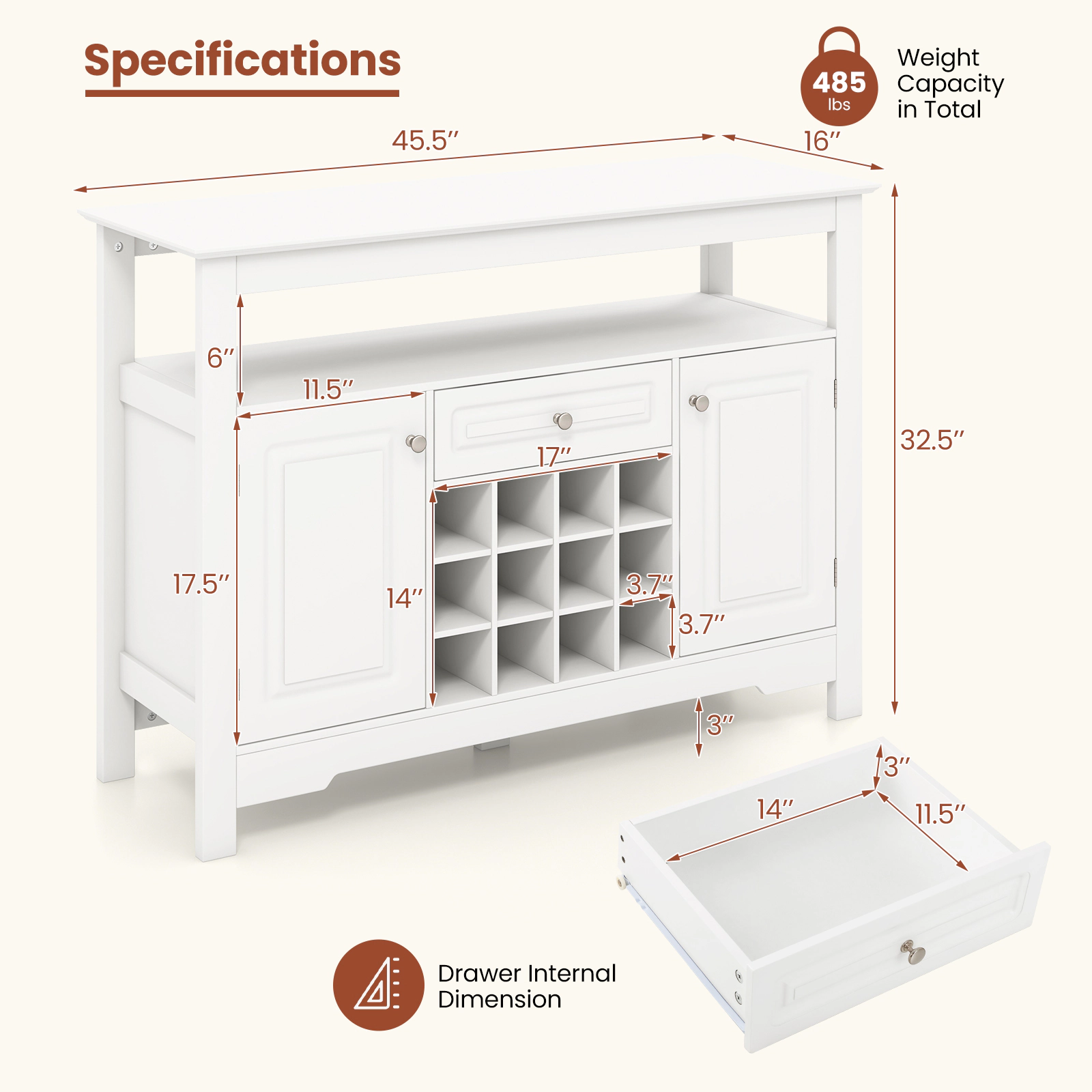 SUGIFT 12-Bottle Removable Rack 2 Side Cabinets Buffet Wine Cabinet 45.5-in x 16-in x 32.5-in 485-lb Capacity White
