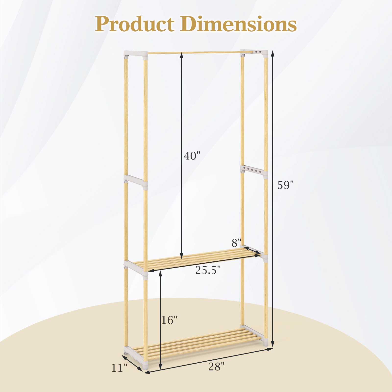 SUGIFT 59-in Natural Gray Solid Pine Wood Clothes Rack Garment Stand with 2-Tier Open Storage Shelf