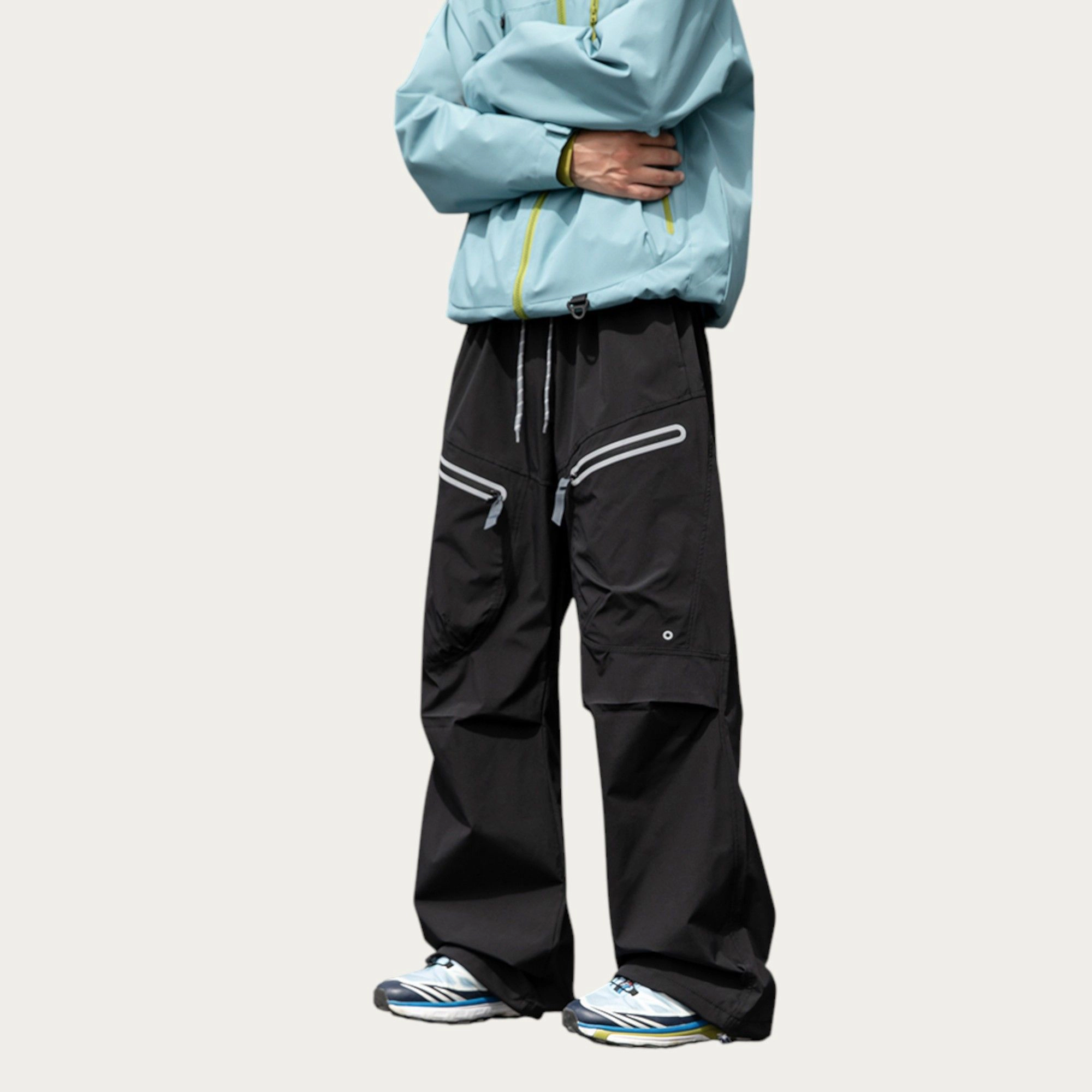 Anna-Kaci Men's Wide-Leg Cargo Pants with Zippered Pockets and Adjustable Drawstring Waist
