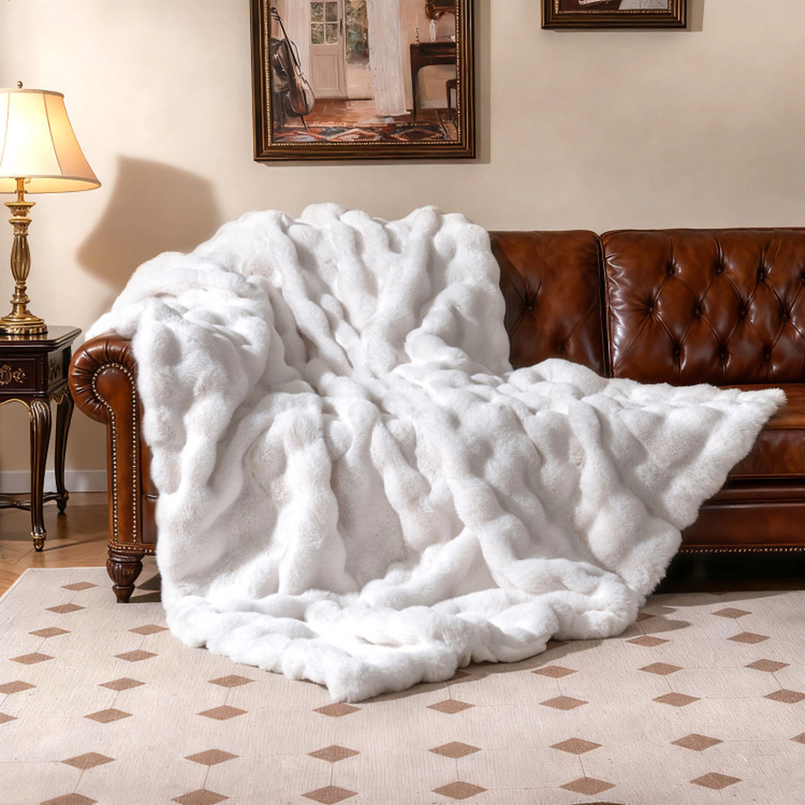 SUGIFT White 60-in by 80-in 620-GSM Double-Sided Faux Rabbit Fur Bubble Throw Blanket with Flannel Reverse