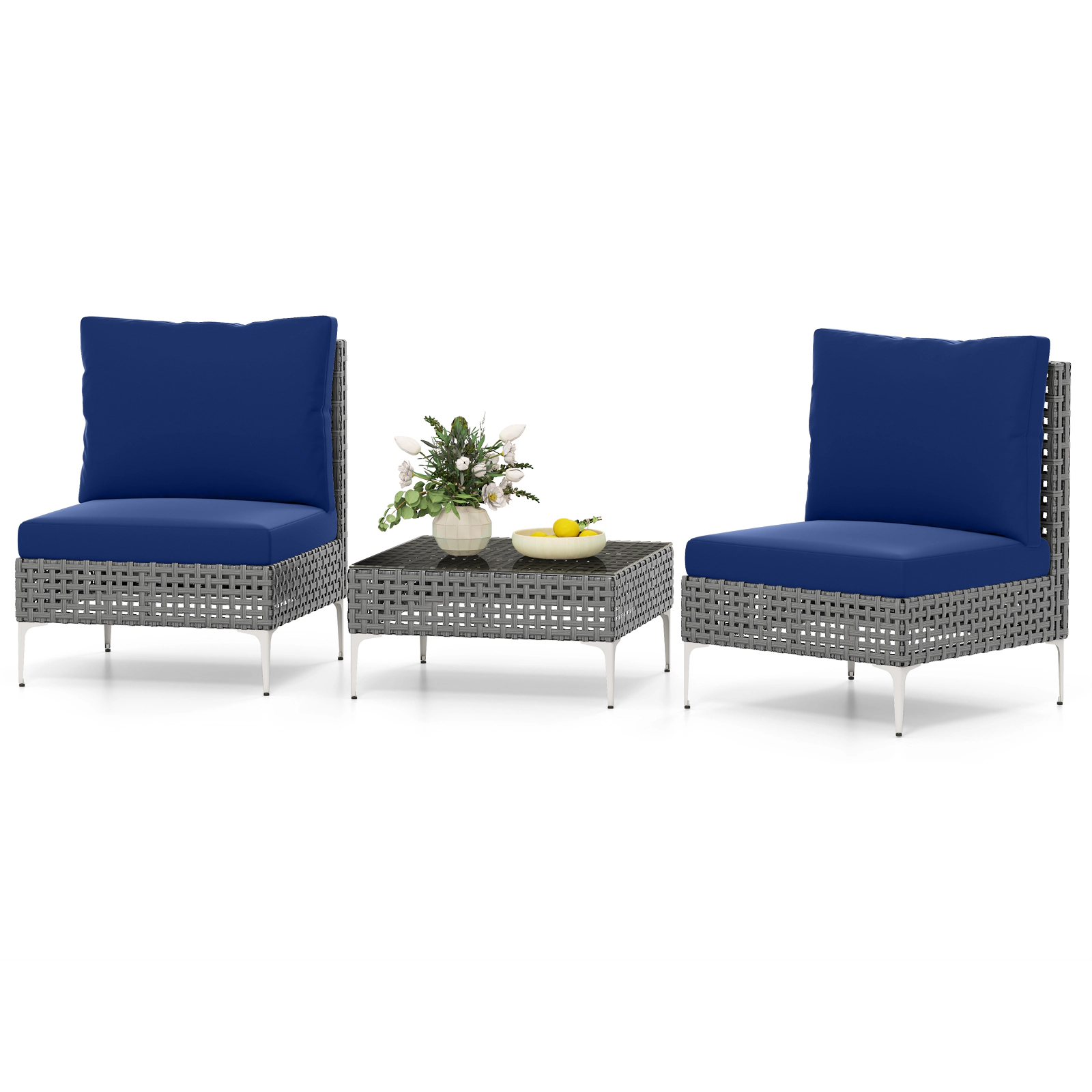 LJG 3 Pieces PE Rattan Conversation Chairs with Tempered Glass Coffee Table for Garden Porch