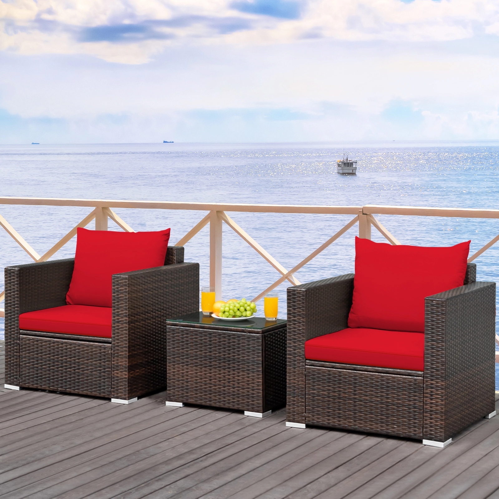 SUGIFT 3-Piece Steel Rattan Patio Conversation Furniture Set Cushions 400-lb Sofa Capacity Brown Rattan Red Cushions