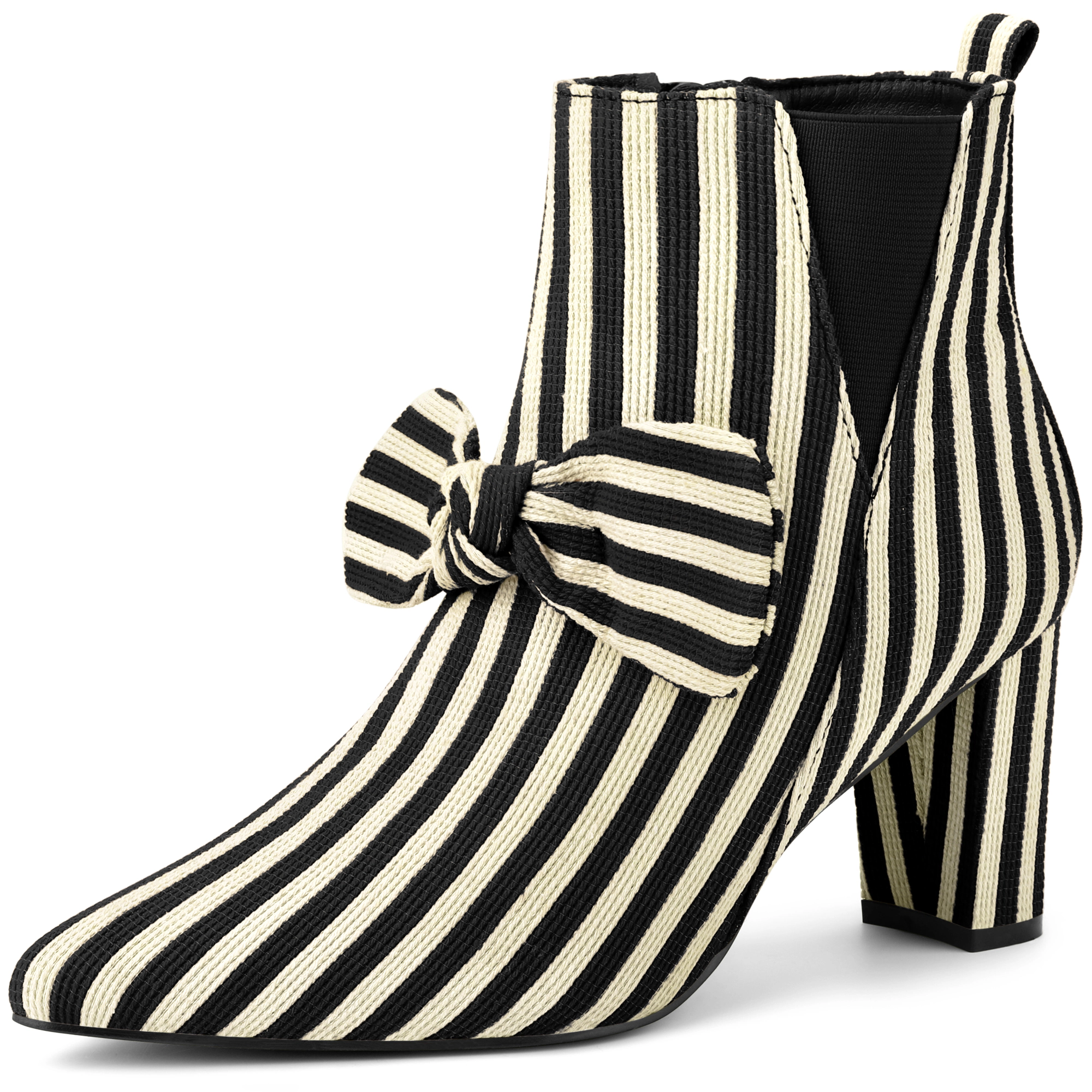 BLISSFUL STEP Women's Bow Stripe Pointed Toe Chunky Heels Ankle Boots