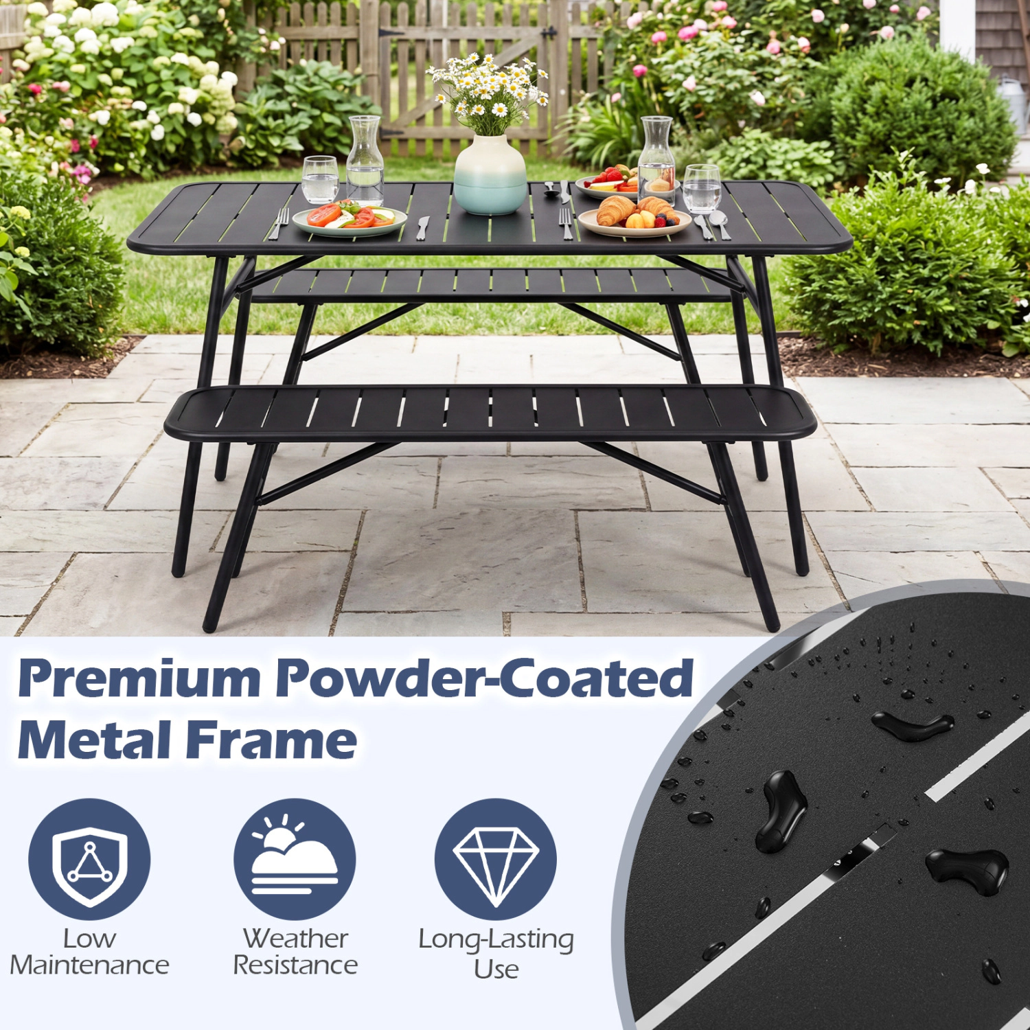 Hivvago 3-Piece Outdoor Dining Set With Coffee Table And 2 Benches For Backyard Deck