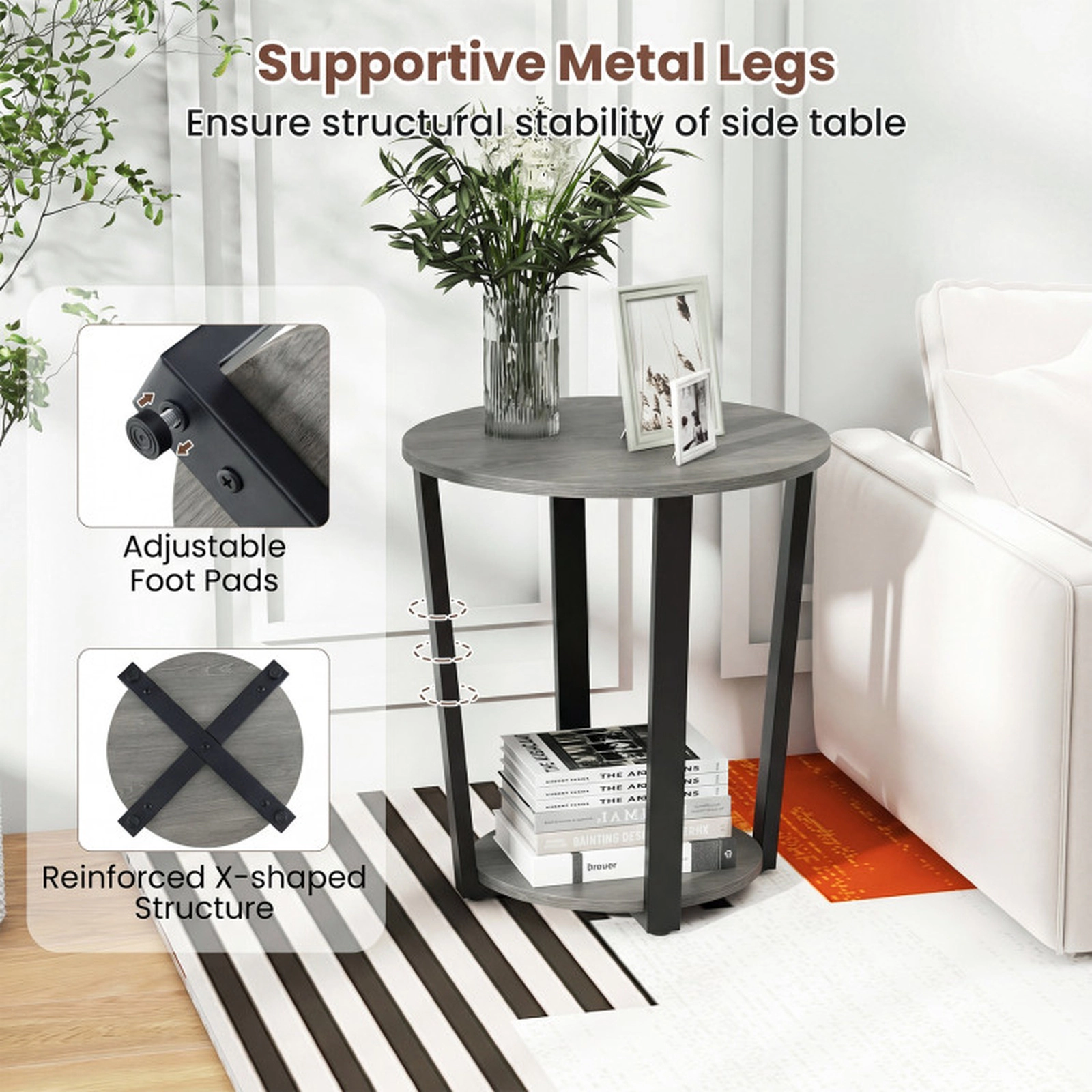 SUGIFT 2 Tier Round Chipboard Metal Frame Removable Storage Tray End Table In Oak