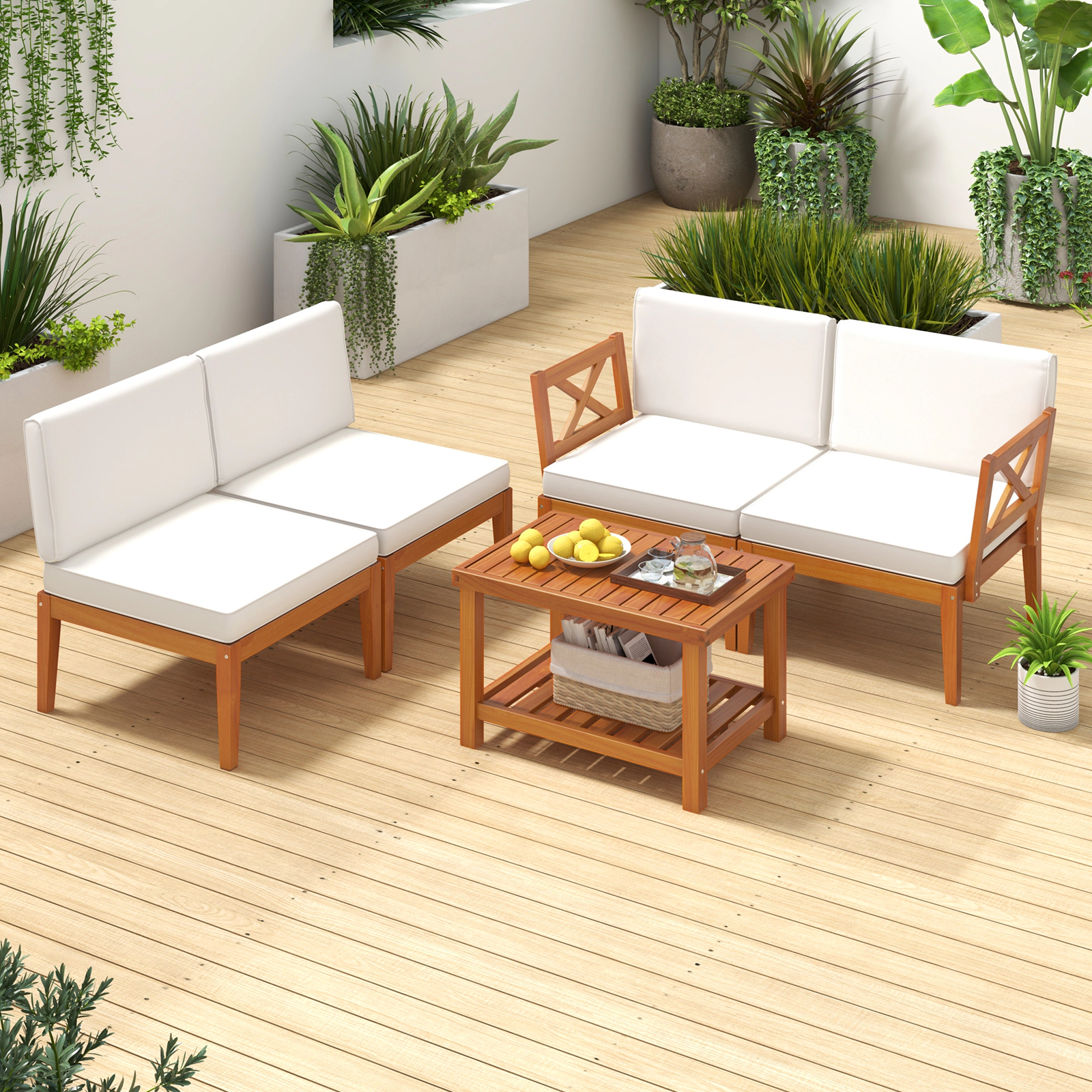 SUGIFT Coffee Table 5-Piece Off White Acacia Wood Patio Sectional Conversation Set